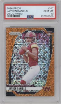Jayden Daniels from the 2024 Panini Prizm set featuring a Disco parallel graded by PSA and given an overall grade of 10.