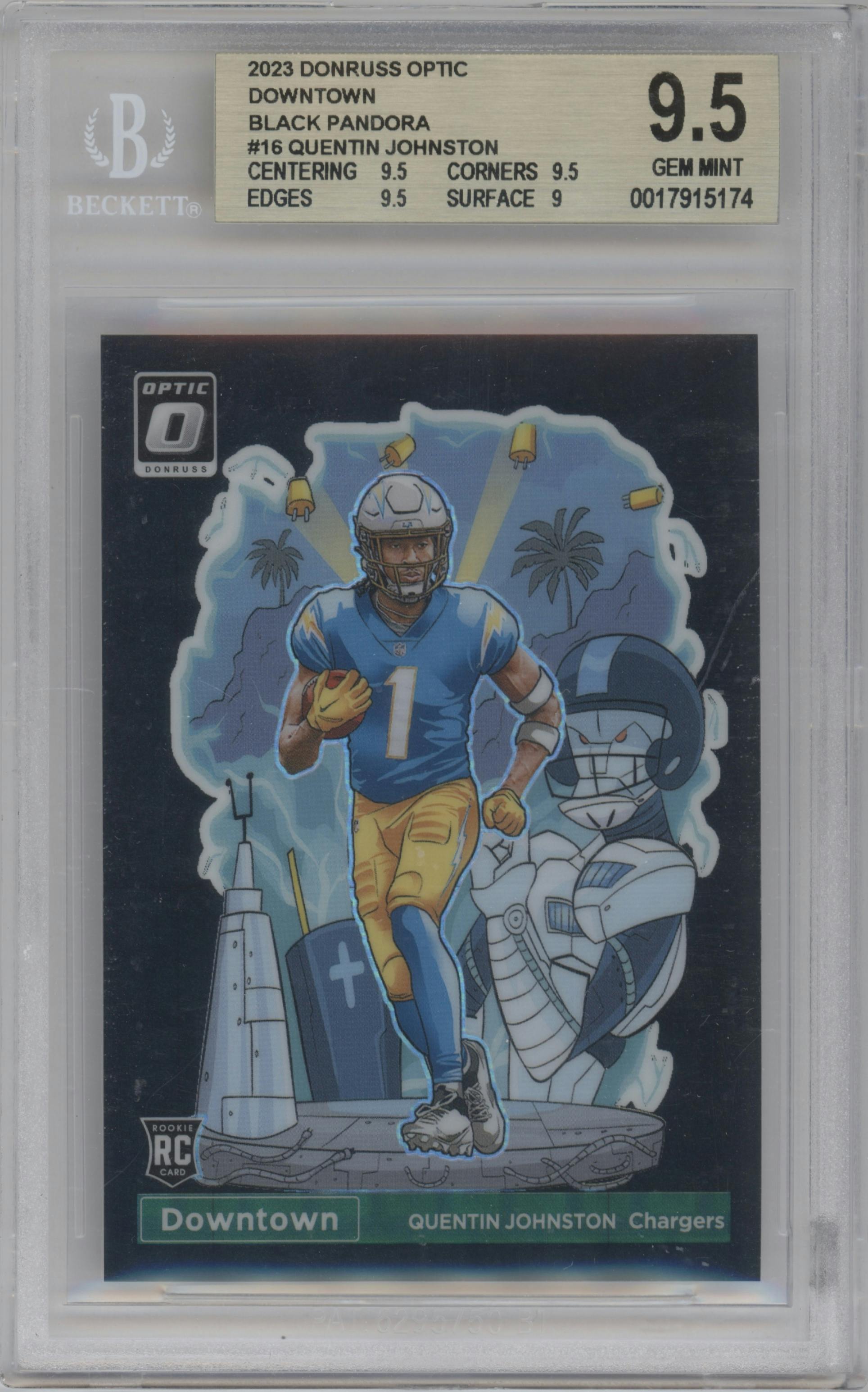 Quentin Johnston from the 2023 Donruss Optic set featuring a Black Pandora parallel graded by Beckett and given an overall grade of 9.5.