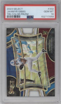 Jahmyr Gibbs from the 2023 Panini Select set featuring a Tri-Color parallel graded by PSA and given an overall grade of 10.