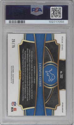 Jahmyr Gibbs from the 2023 Panini Select set featuring a Tri-Color parallel graded by PSA and given an overall grade of 10.