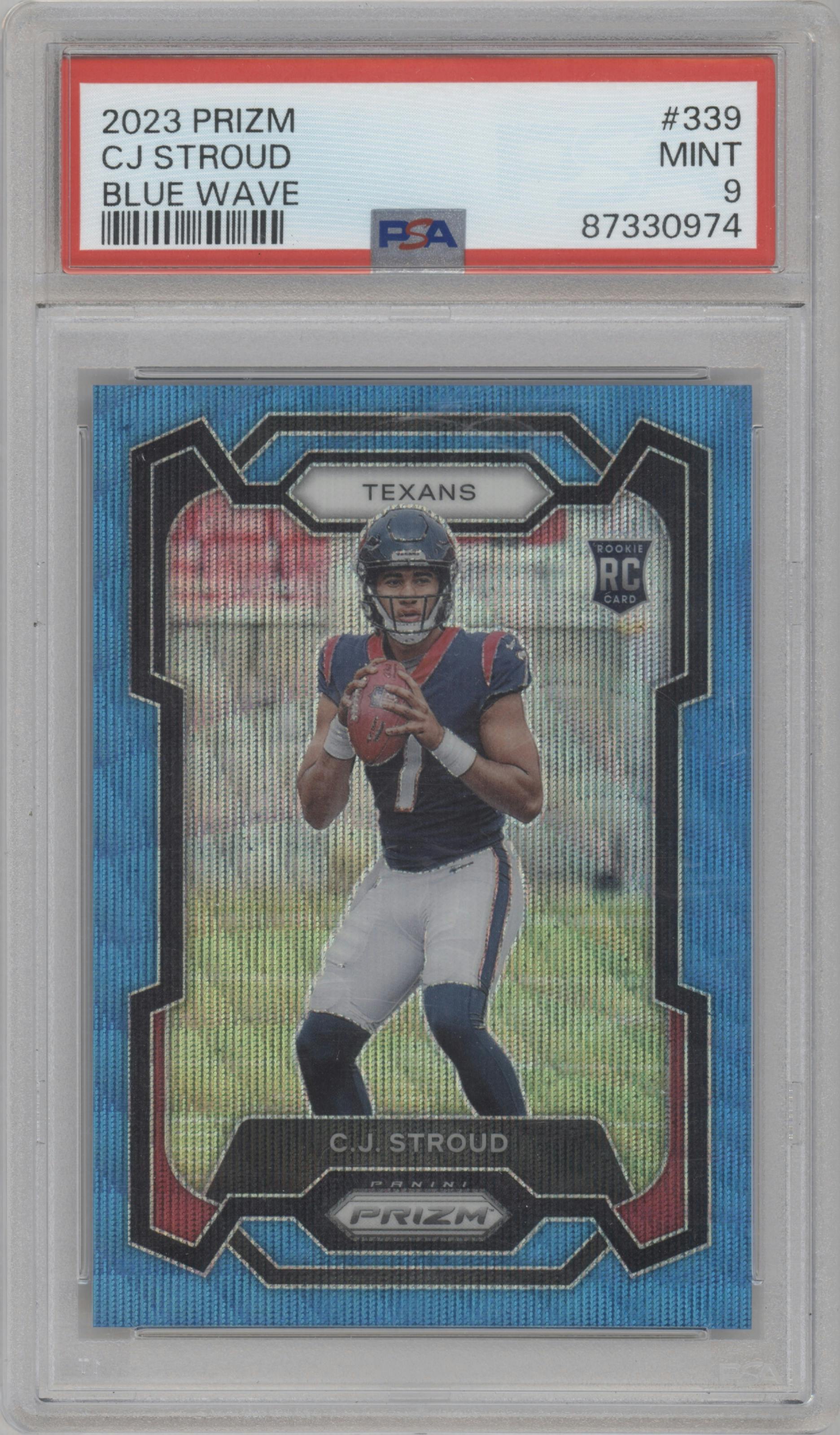 C.J. Stroud from the 2023 Panini Prizm set featuring a Blue Wave parallel graded by PSA and given an overall grade of 9.