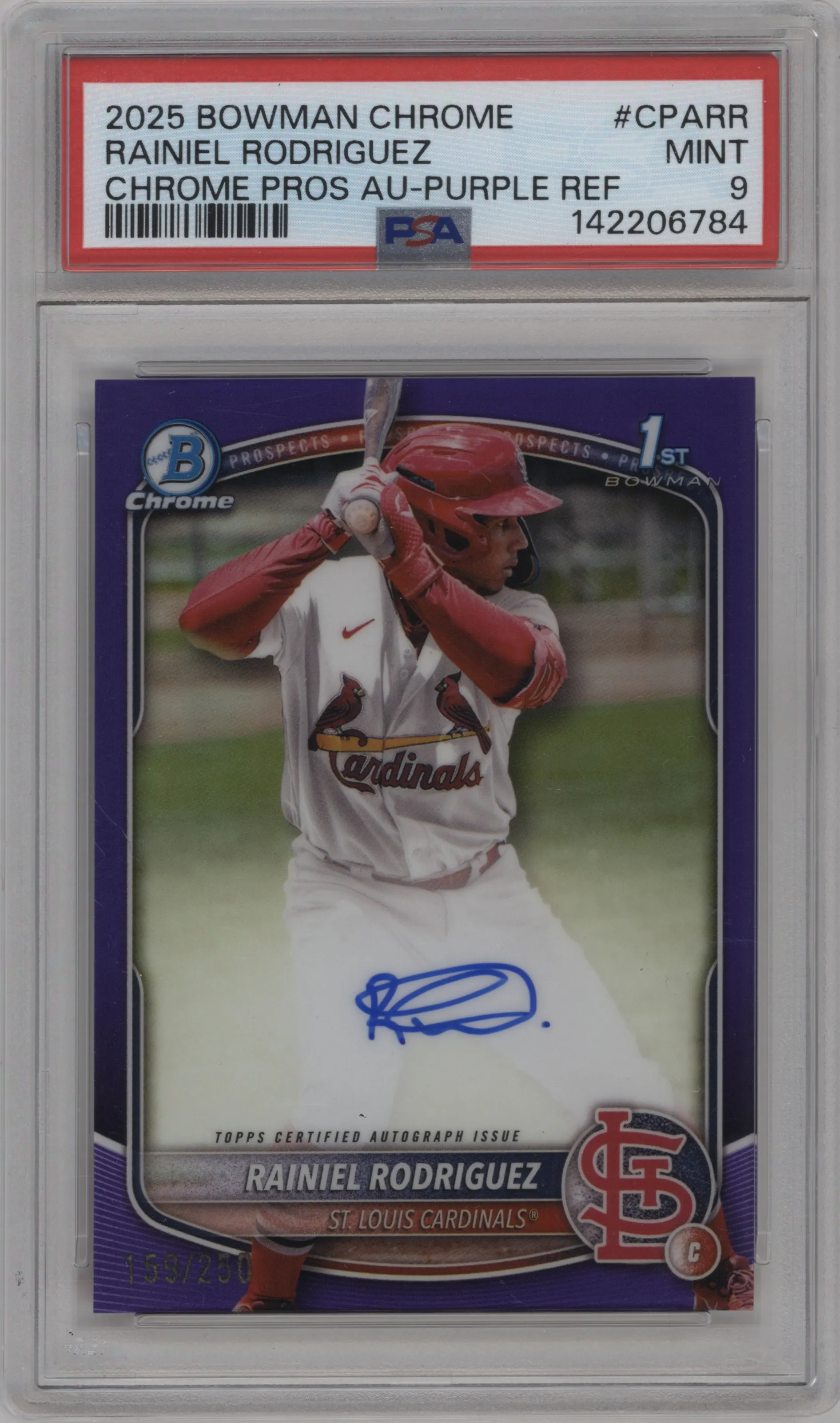 2025 Bowman Chrome Chr.Pros.Auto Rainiel Rodriguez Purple Refractor PSA 9