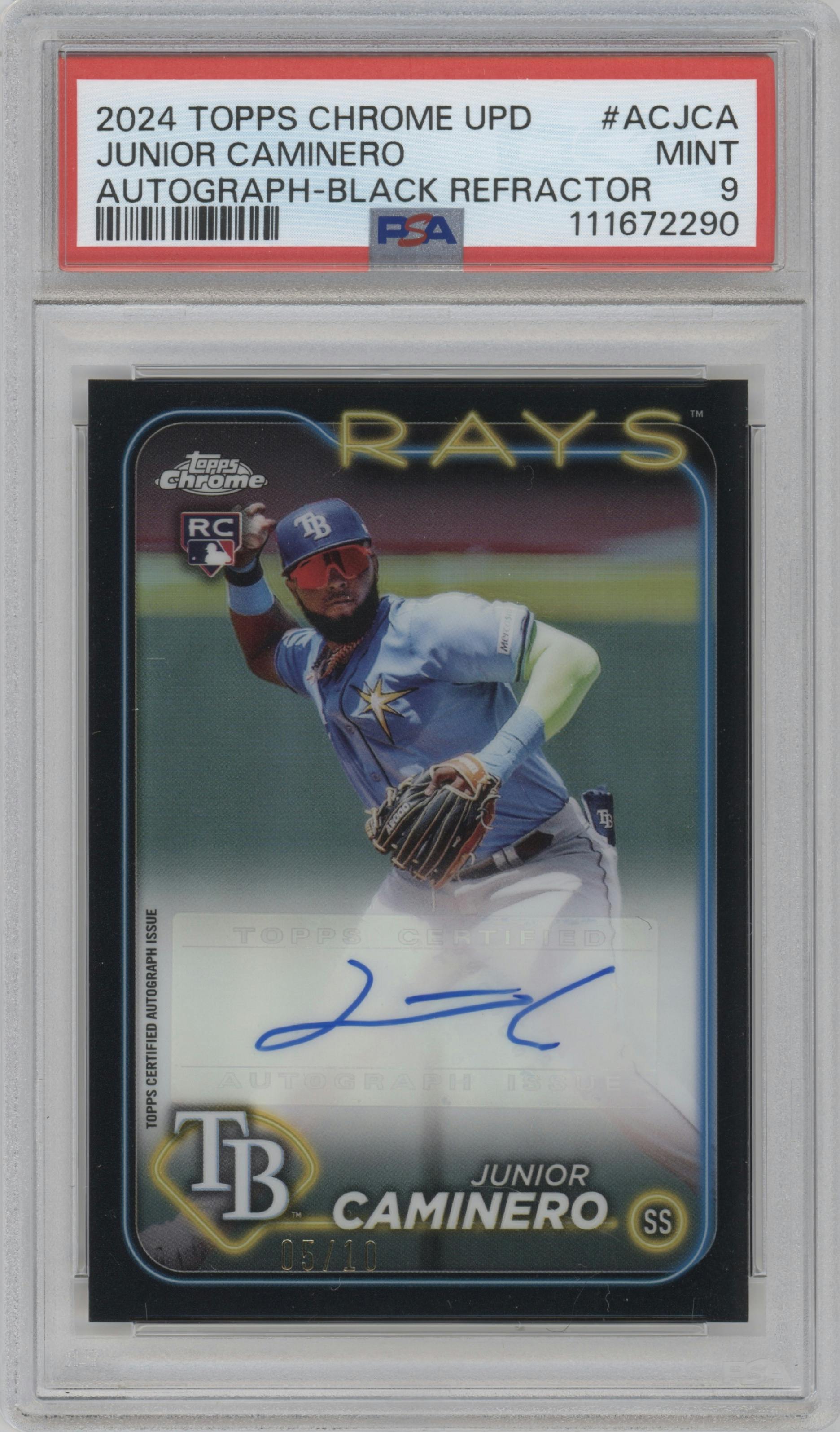 Junior Caminero from the 2024 Topps Chrome Update set featuring a Black Refractor parallel graded by PSA and given an overall grade of 9.