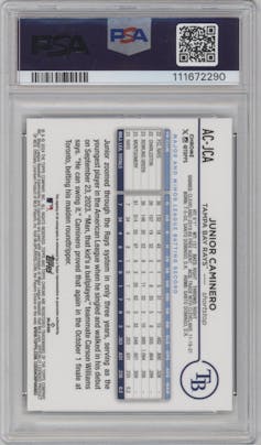 Junior Caminero from the 2024 Topps Chrome Update set featuring a Black Refractor parallel graded by PSA and given an overall grade of 9.