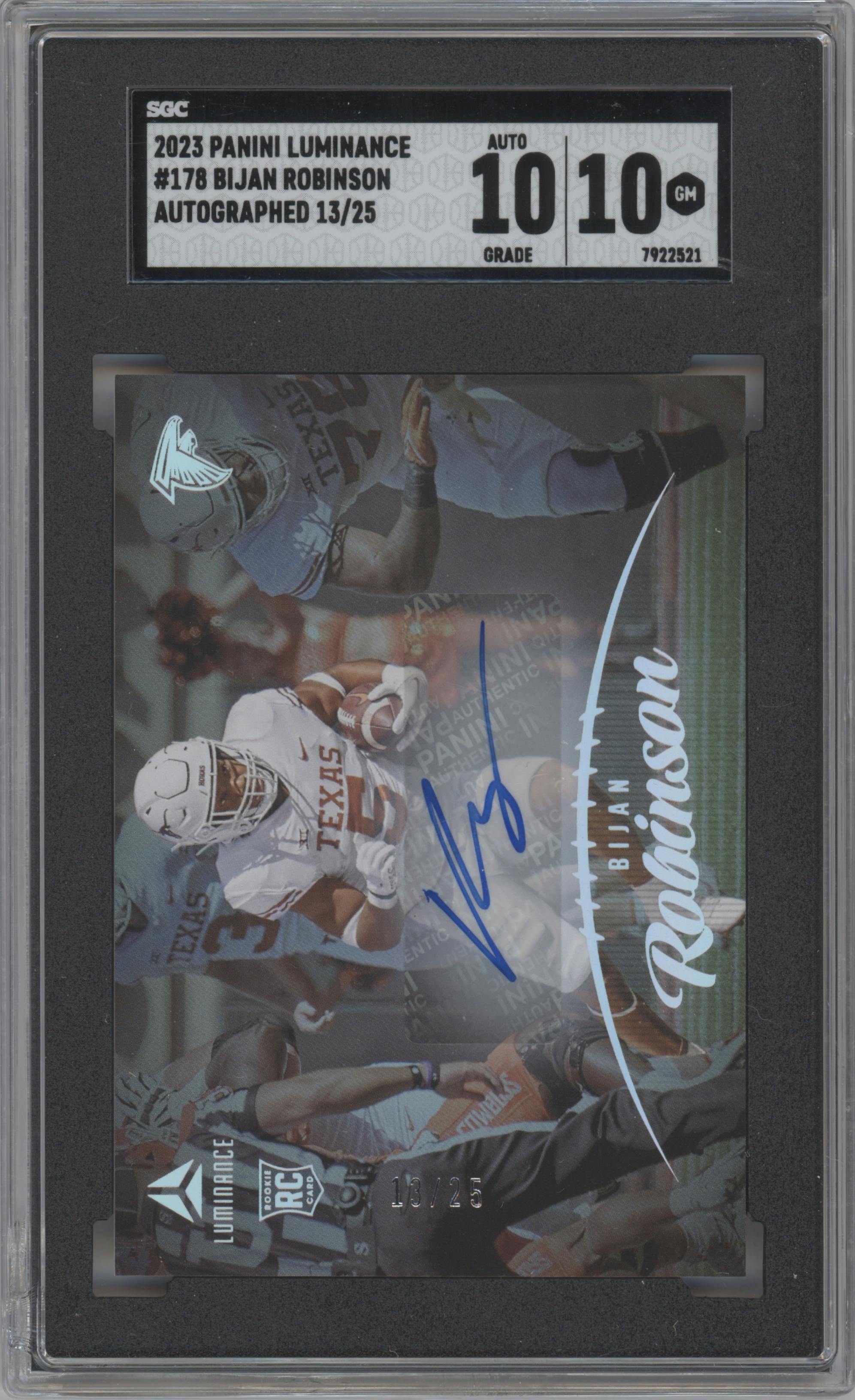 Bijan Robinson from the 2023 Panini Luminance set graded by SGC and given an overall grade of 10.