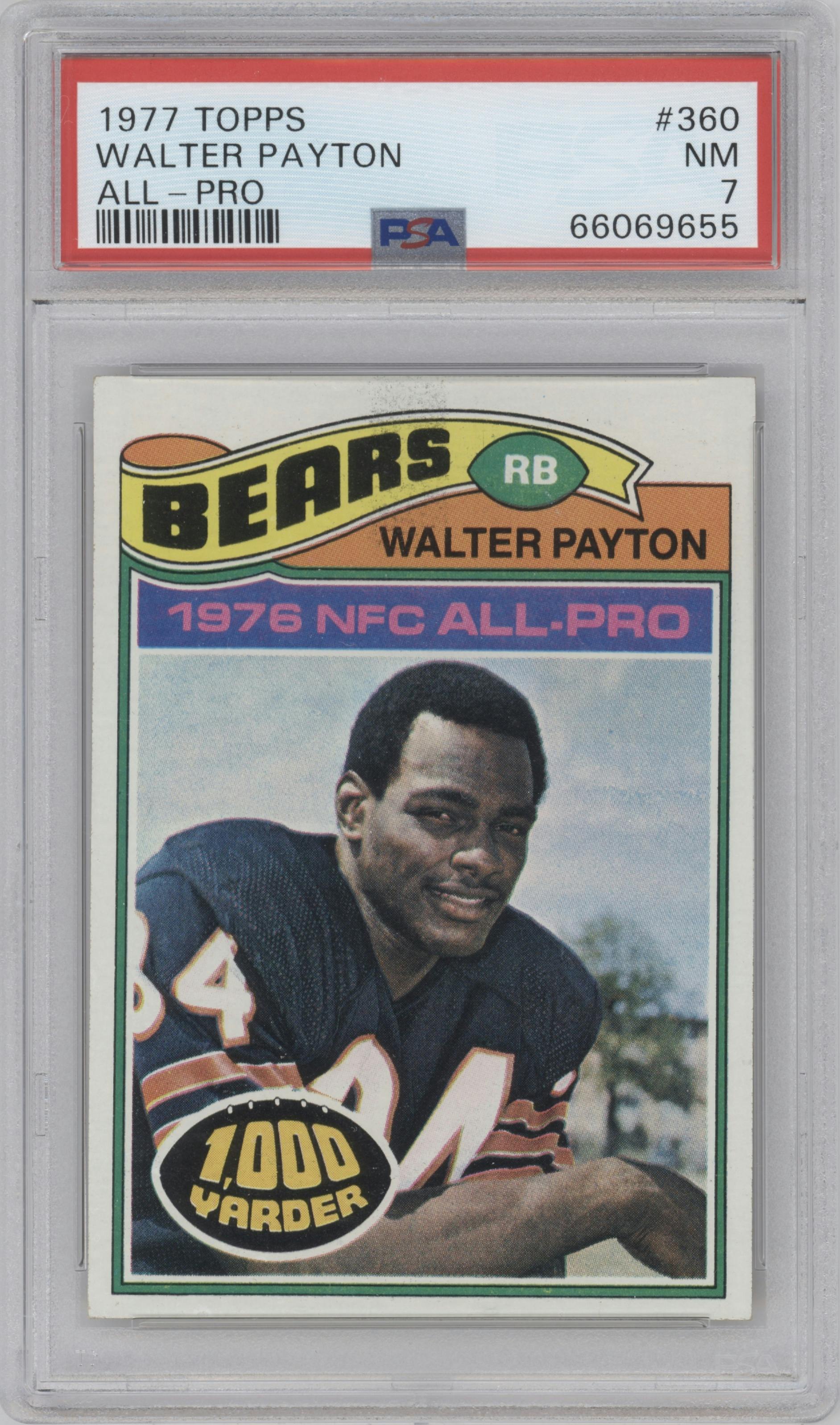 Walter Payton from the 1977 Topps set graded by PSA and given an overall grade of 7.