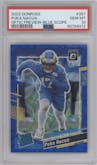 Puka Nacua from the 2023 Panini Donruss set featuring a Blue Scope parallel graded by PSA and given an overall grade of 10.