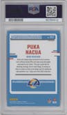 Puka Nacua from the 2023 Panini Donruss set featuring a Blue Scope parallel graded by PSA and given an overall grade of 10.
