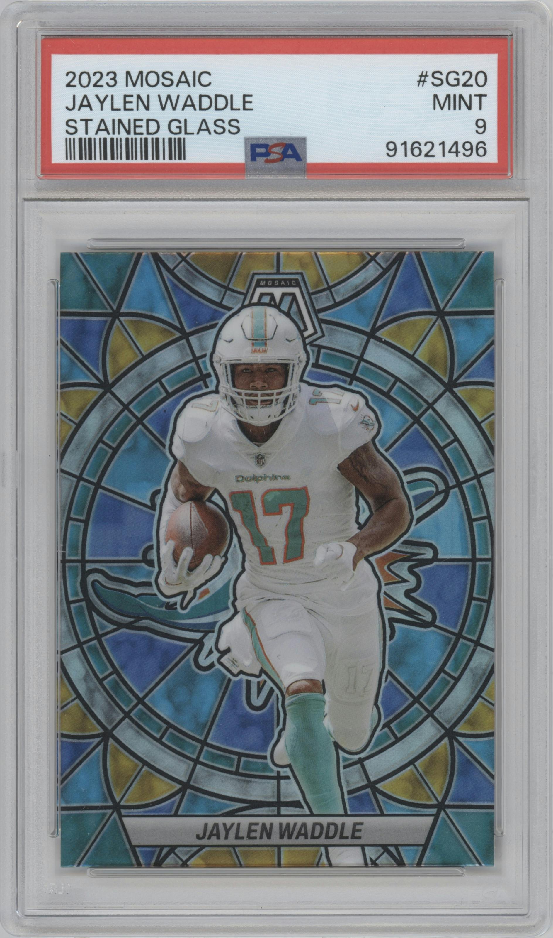 Jaylen Waddle from the 2023 Panini Mosaic set graded by PSA and given an overall grade of 9.
