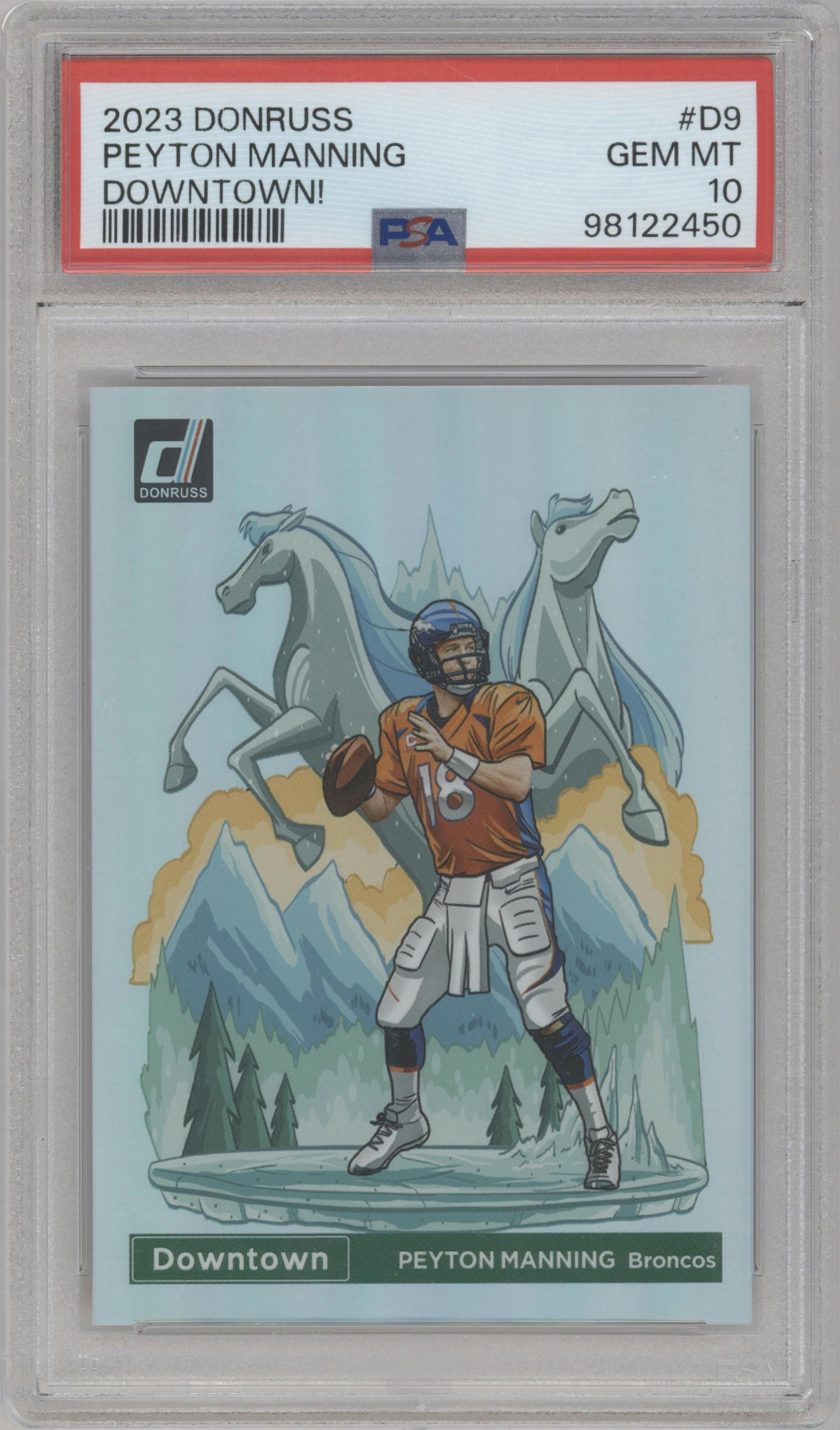 Peyton Manning from the 2023 Panini Donruss set graded by PSA and given an overall grade of 10.
