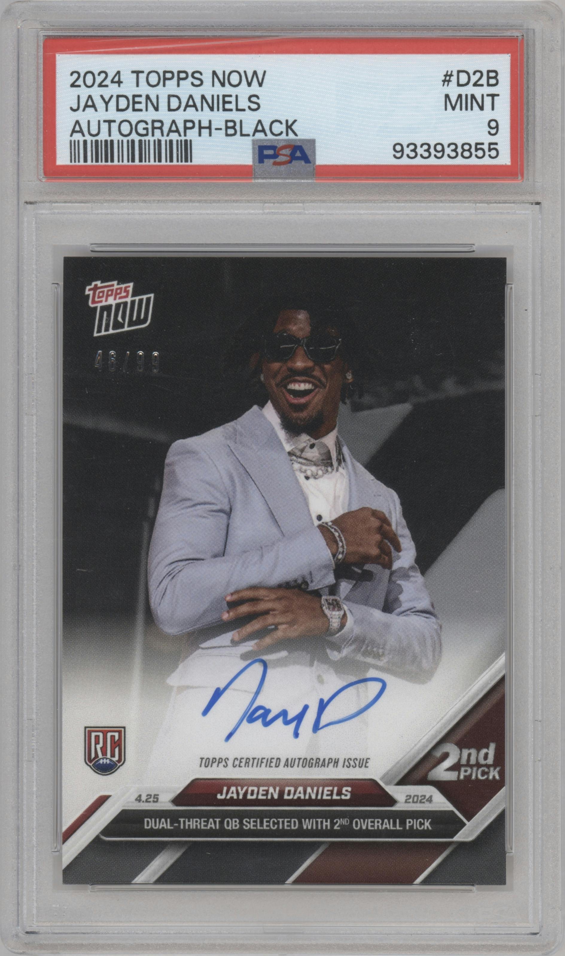 Jayden Daniels from the 2024 Topps Now set featuring a Black parallel graded by PSA and given an overall grade of 9.