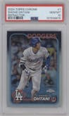 Shohei Ohtani from the 2024 Topps Chrome set featuring a Refractor parallel graded by PSA and given an overall grade of 10.