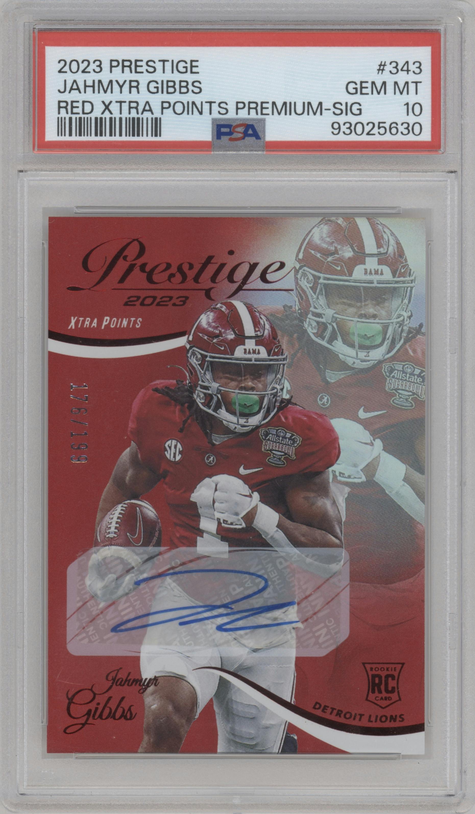Jahmyr Gibbs from the 2023 Panini Prestige set featuring a Red parallel graded by PSA and given an overall grade of 10.