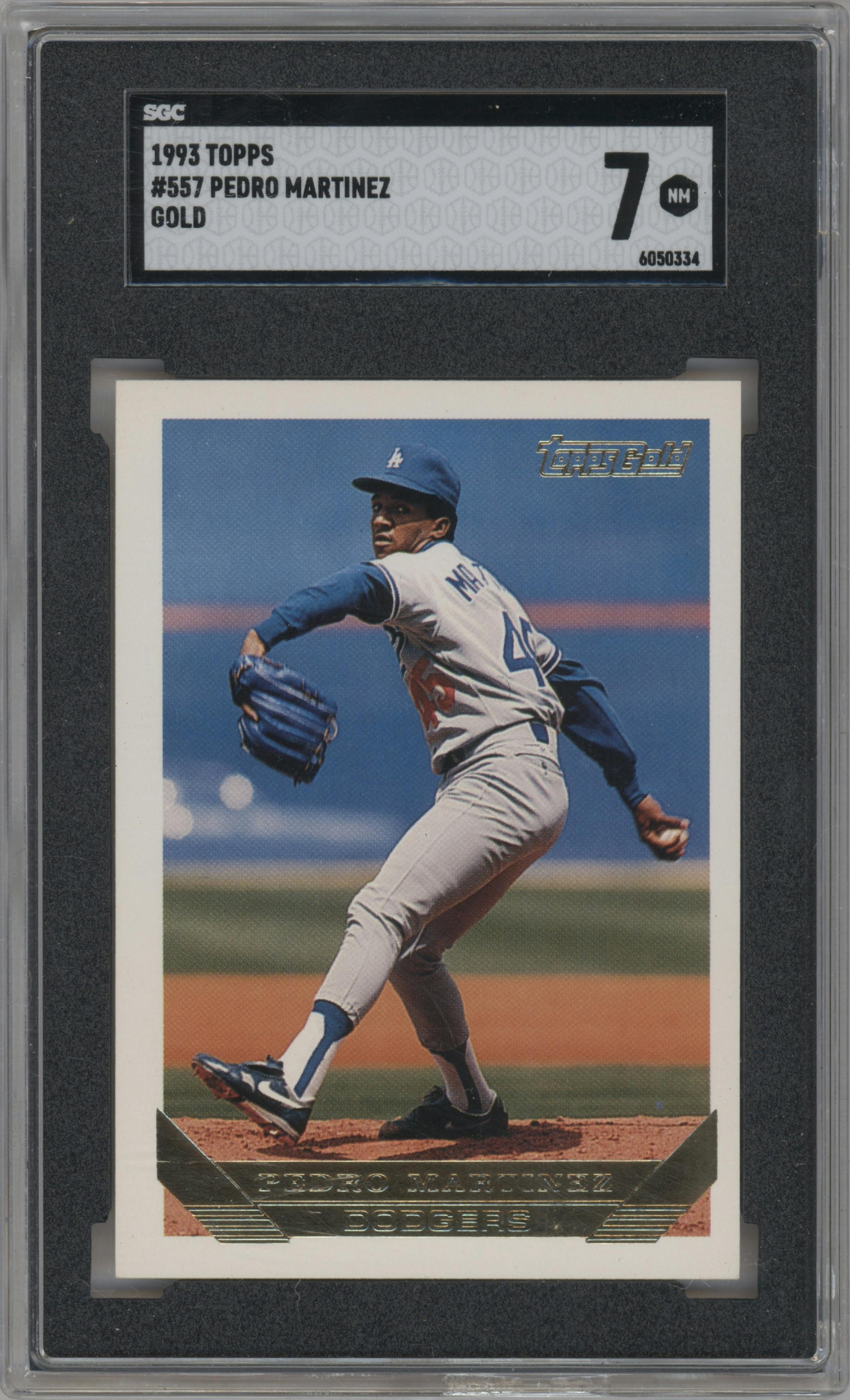 Pedro Martinez from the 1993 Topps set featuring a Gold parallel graded by SGC and given an overall grade of 7.