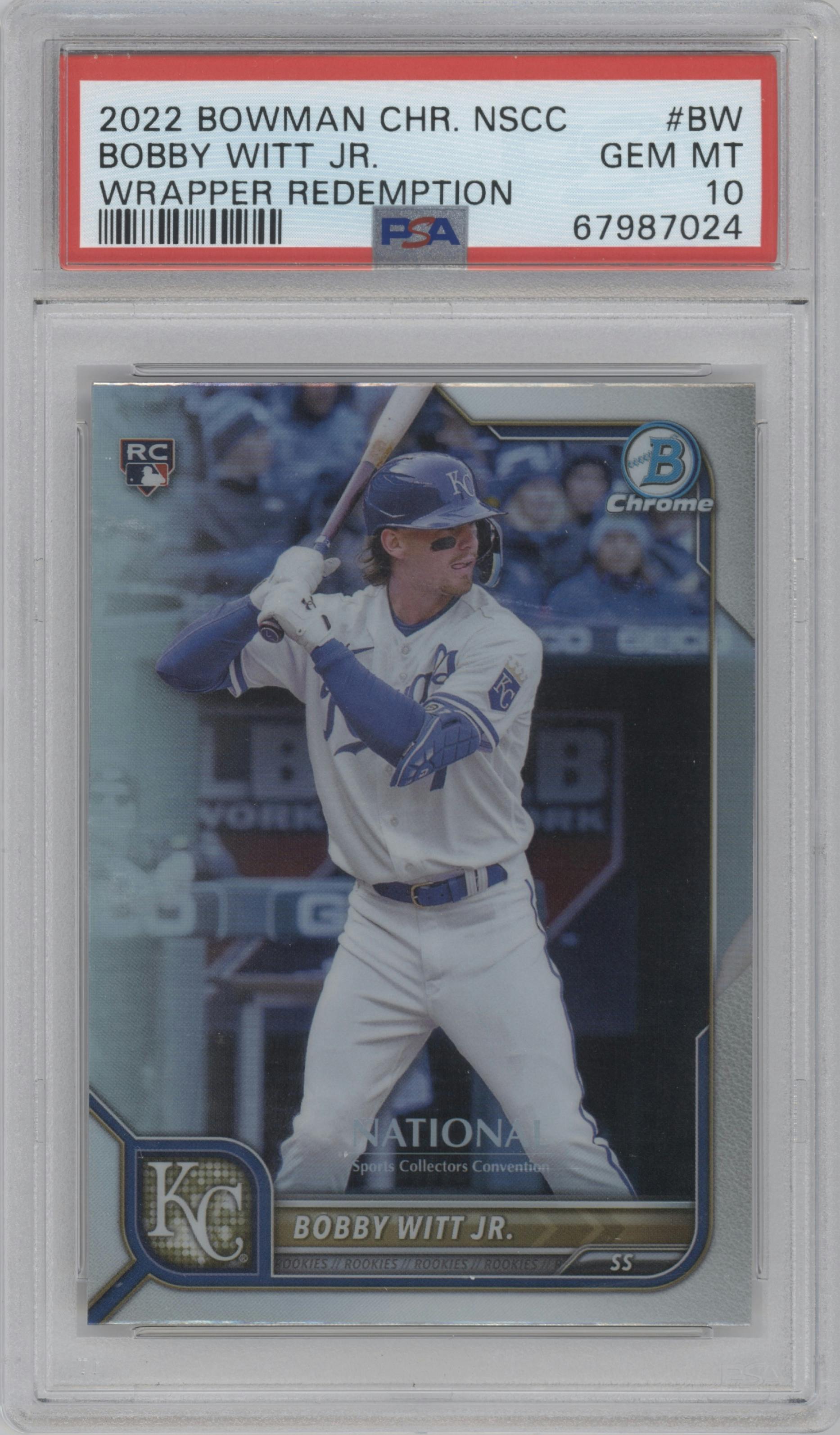 Bobby Witt Jr. from the 2022 Topps NSCC Bowman Chrome set graded by PSA and given an overall grade of 10.