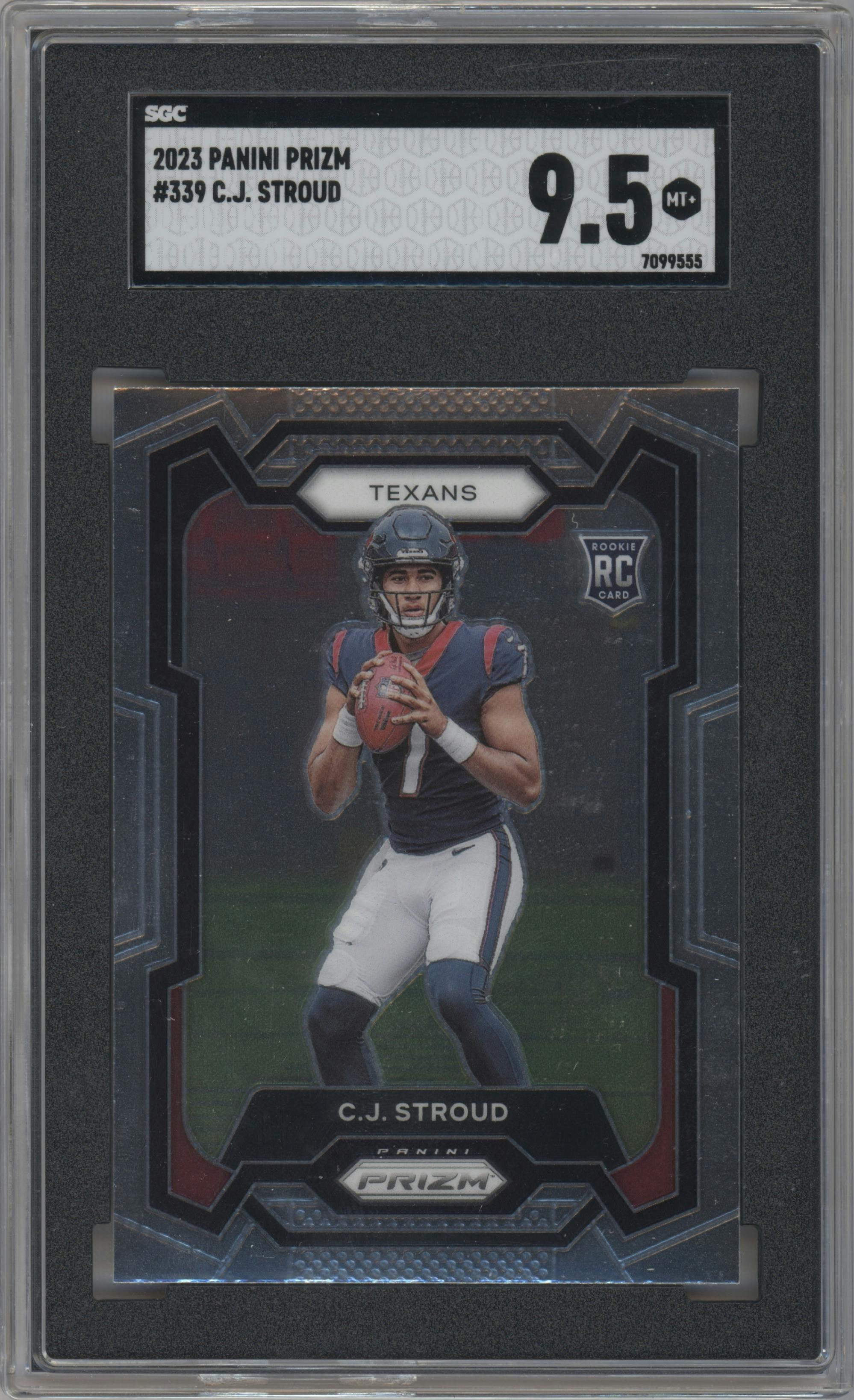 C.J. Stroud from the 2023 Panini Prizm set graded by SGC and given an overall grade of 9.5.