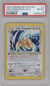 Light Dragonite from the 2002 Pokemon Neo Genesis set graded by PSA and given an overall grade of 8.