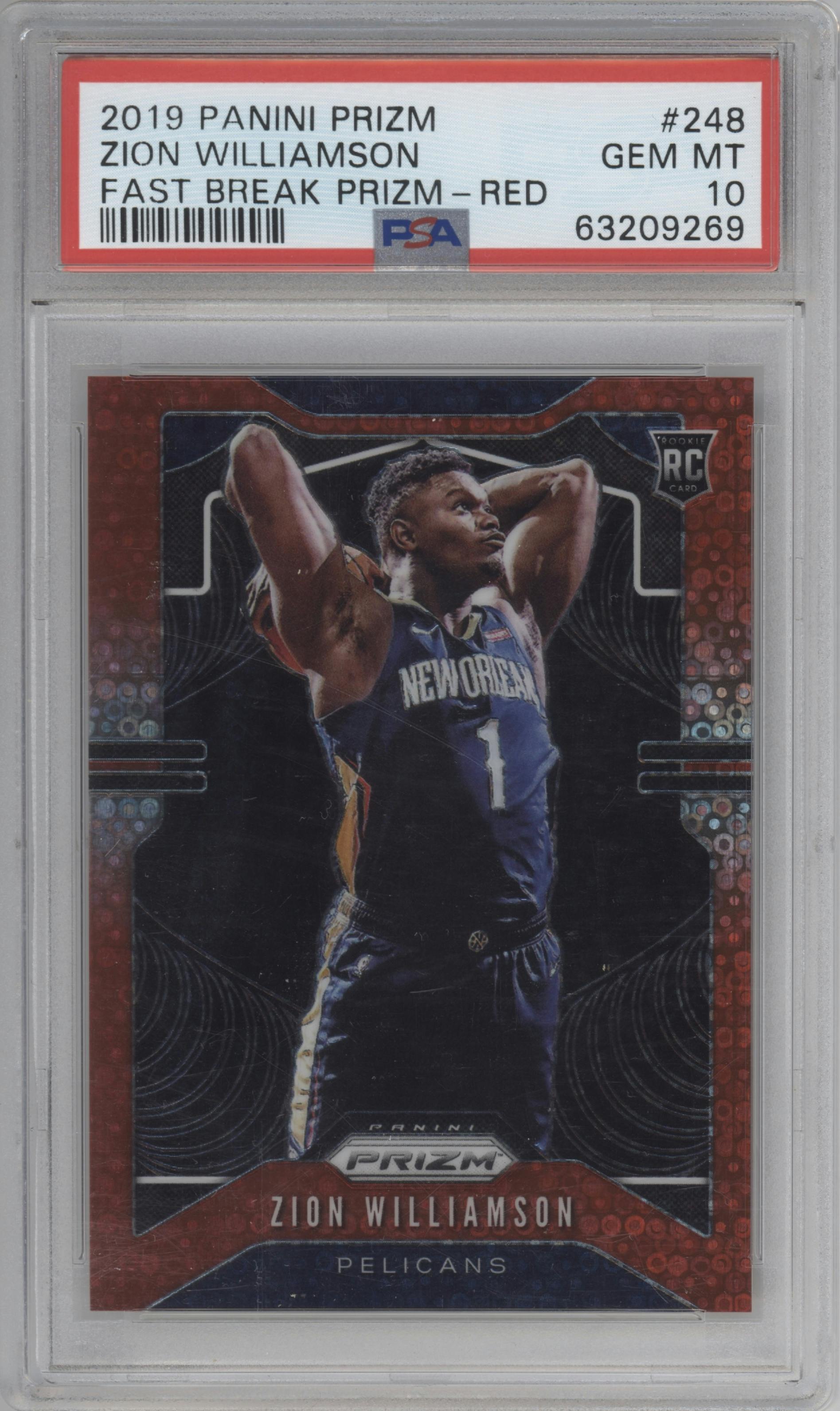 Zion Williamson from the 2019-20 Panini Prizm set featuring a Fast Break Red parallel graded by PSA and given an overall grade of 10.
