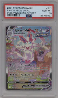 Sylveon VMAX  from the 2021 Pokemon SWSH set graded by PSA and given an overall grade of 10.