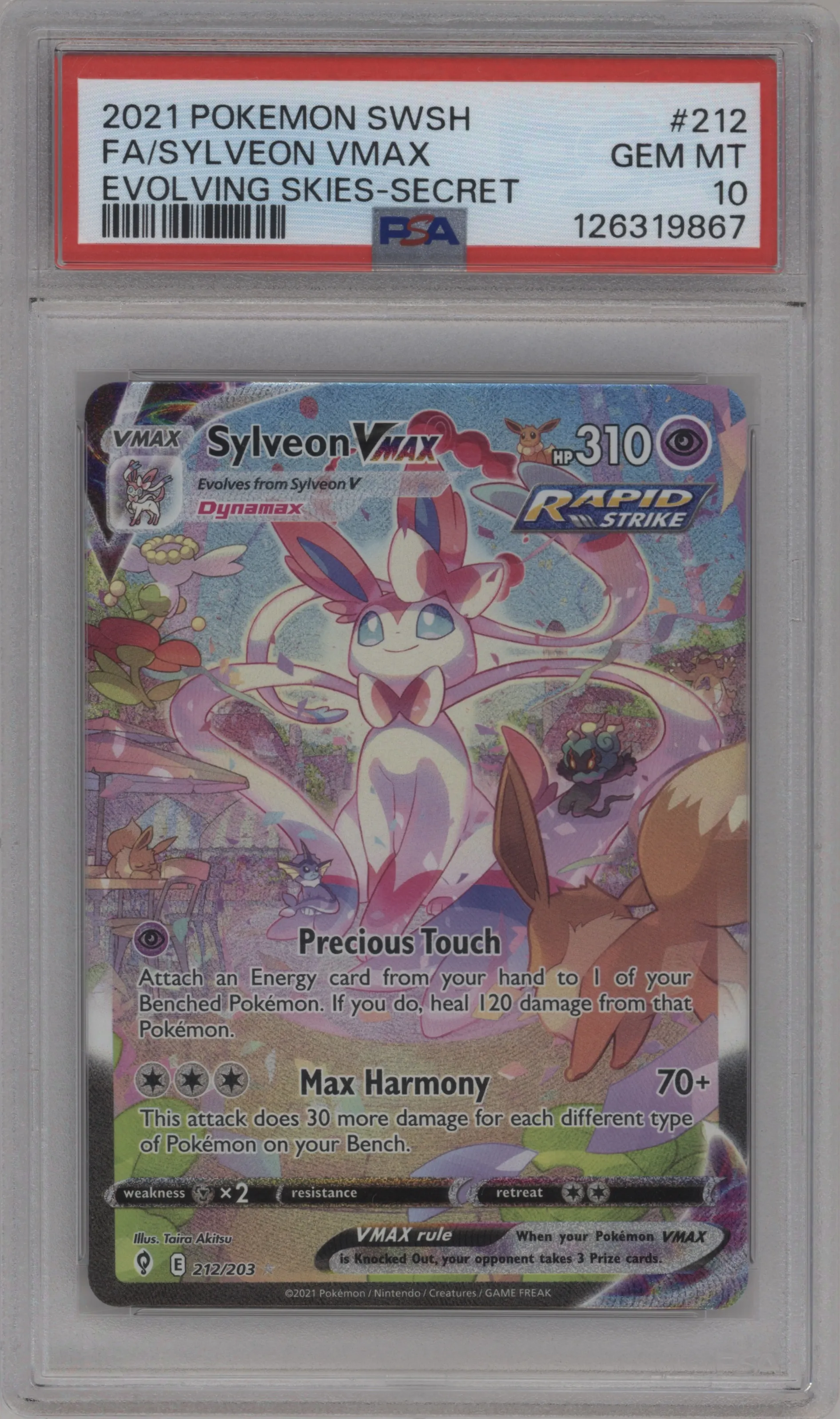 Sylveon VMAX  from the 2021 Pokemon SWSH set graded by PSA and given an overall grade of 10.
