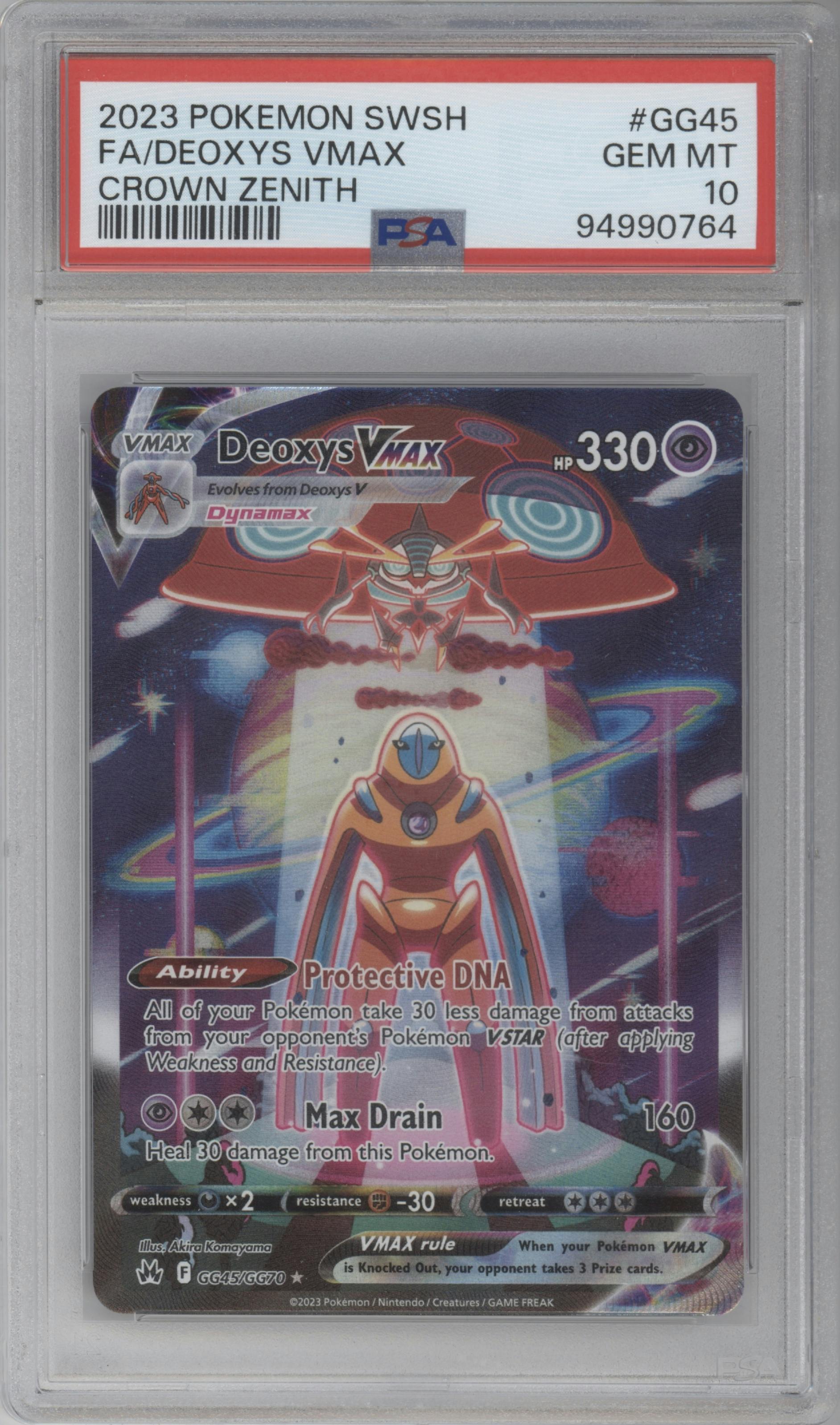 Deoxys VMAX from the 2023 Pokemon SWSH set graded by PSA and given an overall grade of 10.