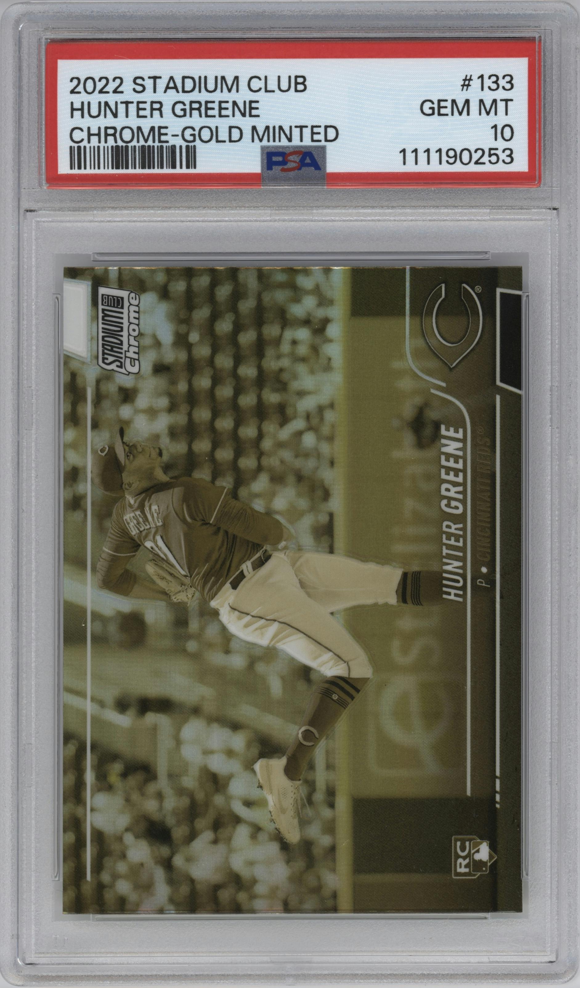 Hunter Greene from the 2022 Topps Stadium Club set featuring a Gold Minted parallel graded by PSA and given an overall grade of 10.