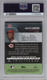Hunter Greene from the 2022 Topps Stadium Club set featuring a Gold Minted parallel graded by PSA and given an overall grade of 10.
