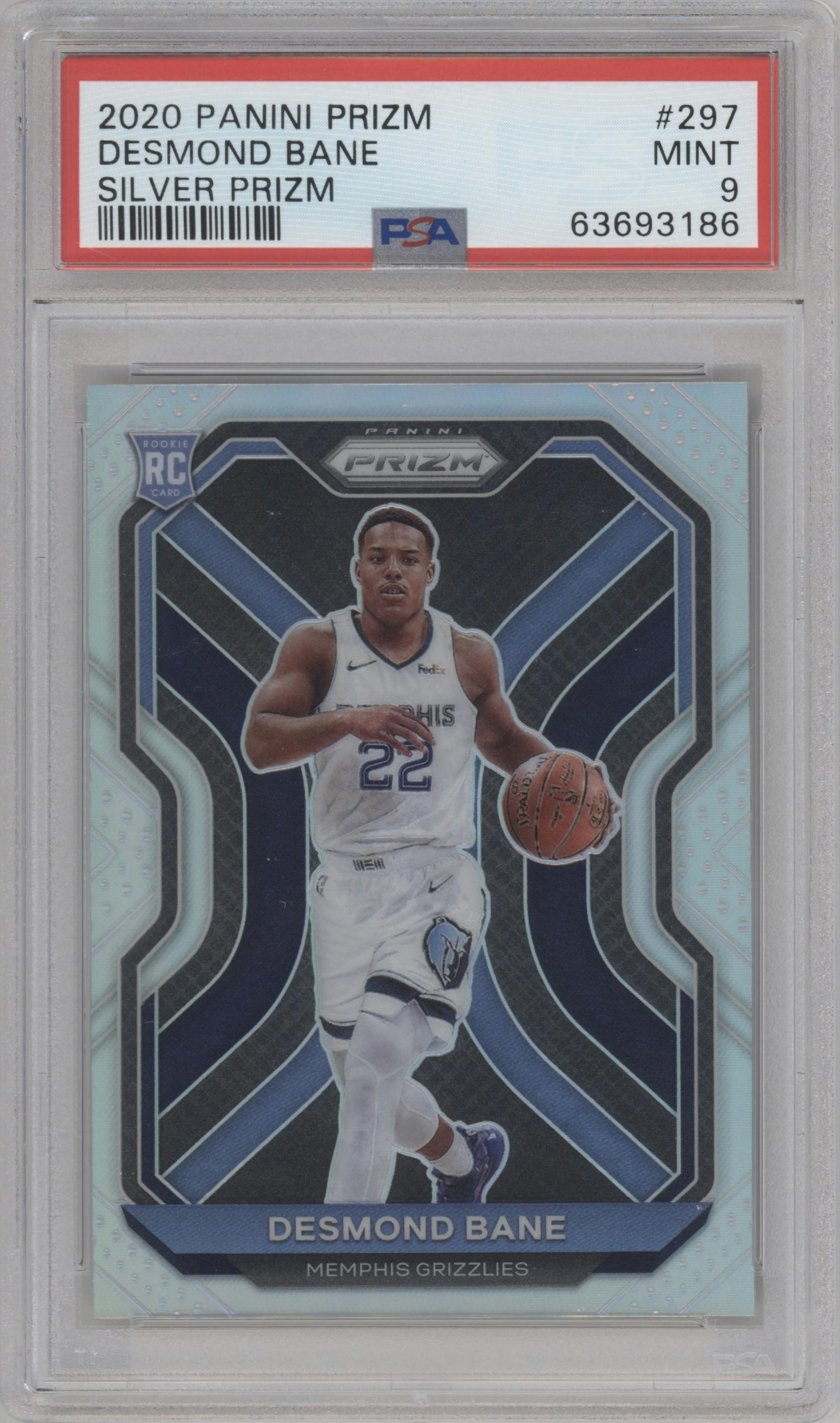 Desmond Bane from the 2020-21 Panini Prizm set featuring a Silver Prizm parallel graded by PSA and given an overall grade of 9.