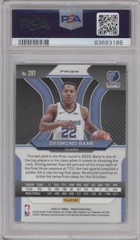 Desmond Bane from the 2020-21 Panini Prizm set featuring a Silver Prizm parallel graded by PSA and given an overall grade of 9.