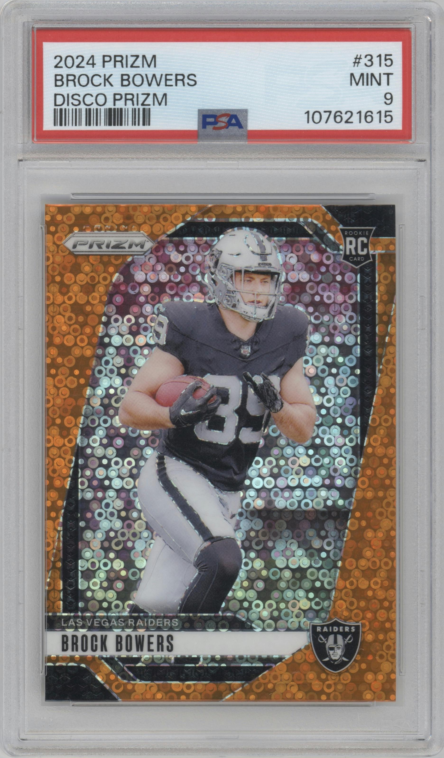 Brock Bowers from the 2024 Panini Prizm set featuring a Disco parallel graded by PSA and given an overall grade of 9.