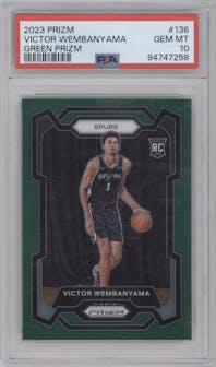 Victor Wembanyama from the 2023-24 Panini Prizm set featuring a Green Prizm parallel graded by PSA and given an overall grade of 10.