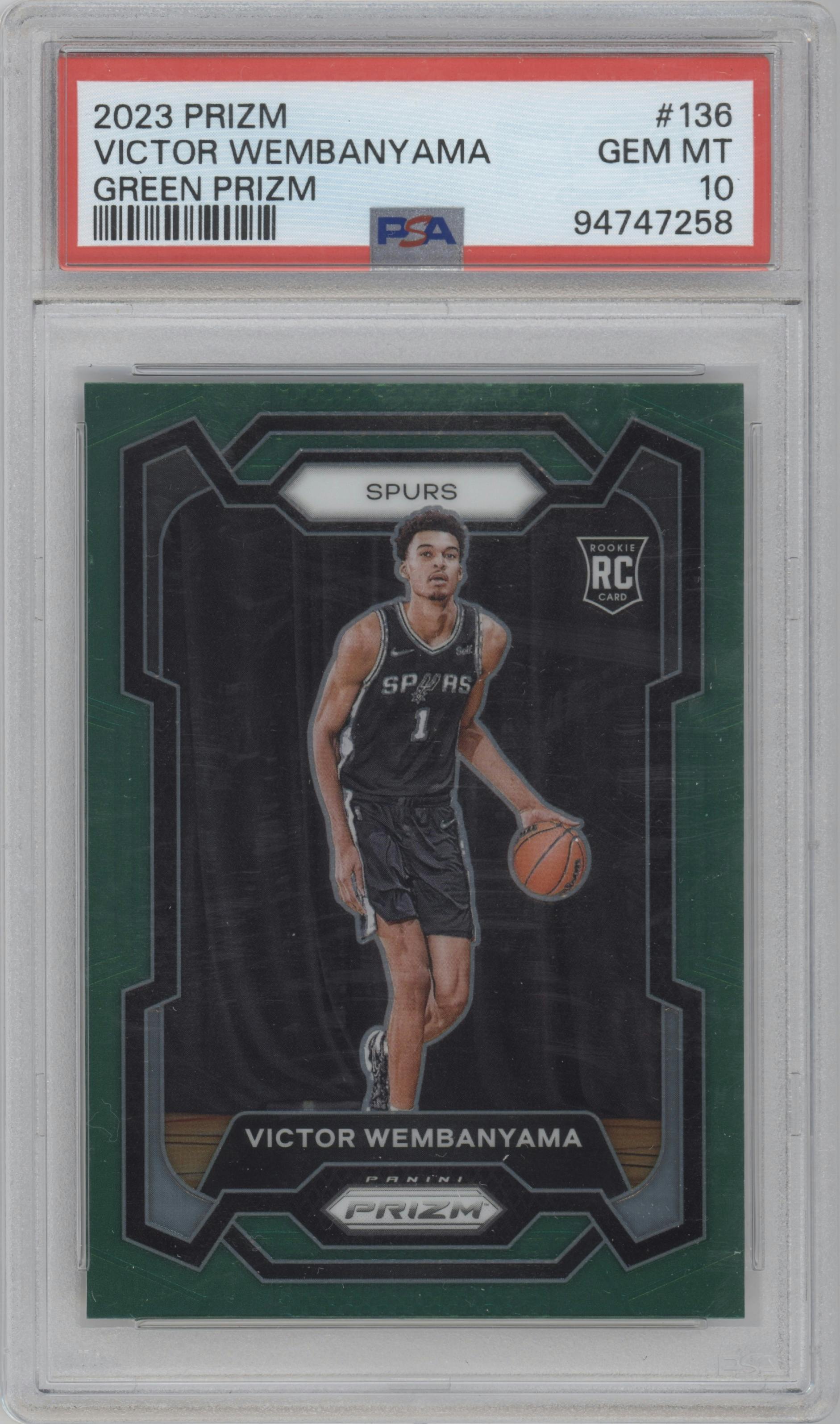 Victor Wembanyama from the 2023-24 Panini Prizm set featuring a Green Prizm parallel graded by PSA and given an overall grade of 10.