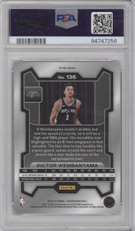 Victor Wembanyama from the 2023-24 Panini Prizm set featuring a Green Prizm parallel graded by PSA and given an overall grade of 10.