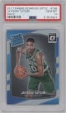 Jayson Tatum from the 2017-18 Panini Donruss Optic set featuring a Holo parallel graded by PSA and given an overall grade of 10.