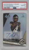 Travis Hunter from the 2023 Bowman Chrome University set featuring a Refractor parallel graded by PSA and given an overall grade of 10.
