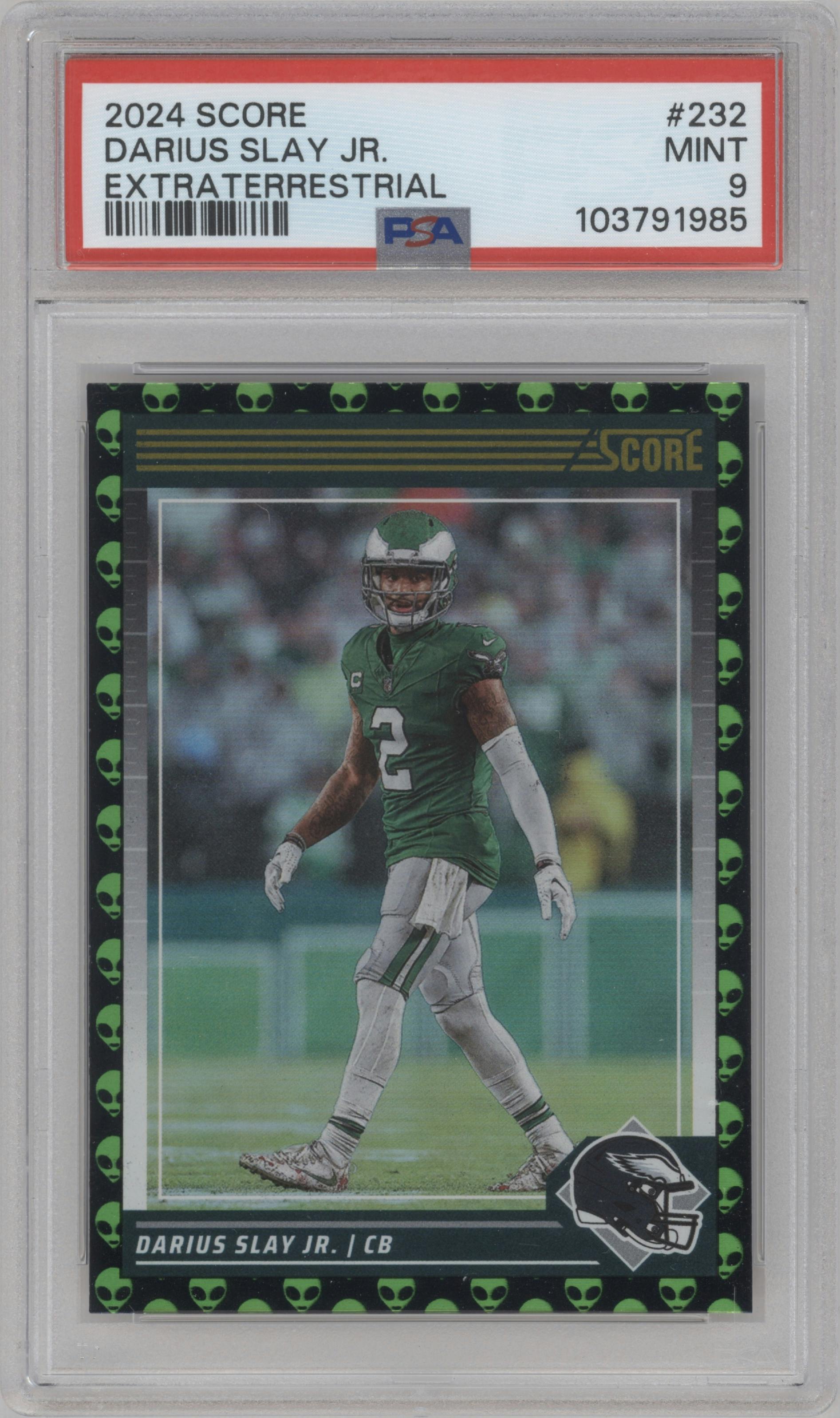 Darius Slay Jr. from the 2024 Panini Score set featuring a Extraterrestrial parallel graded by PSA and given an overall grade of 9.