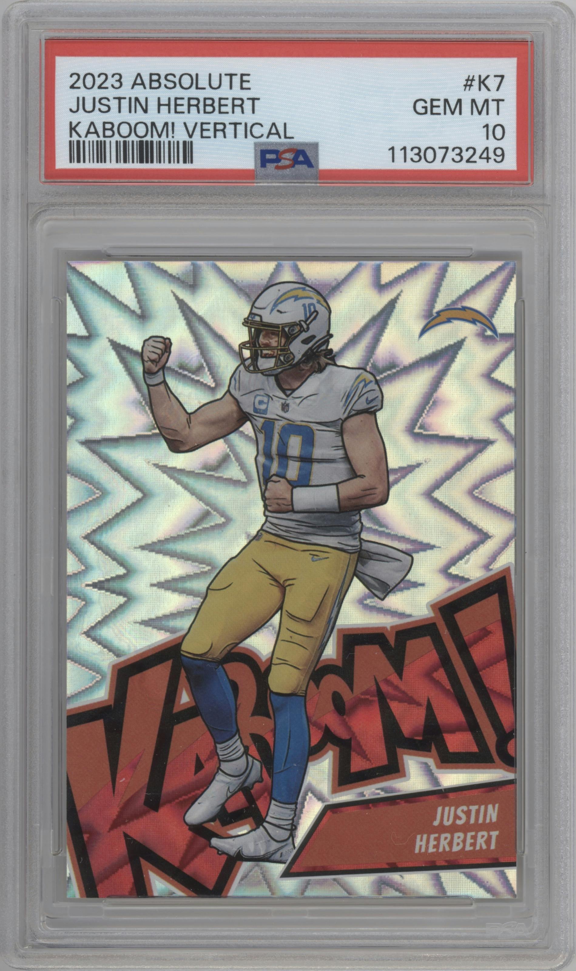 Justin Herbert from the 2023 Panini Absolute set graded by PSA and given an overall grade of 10.