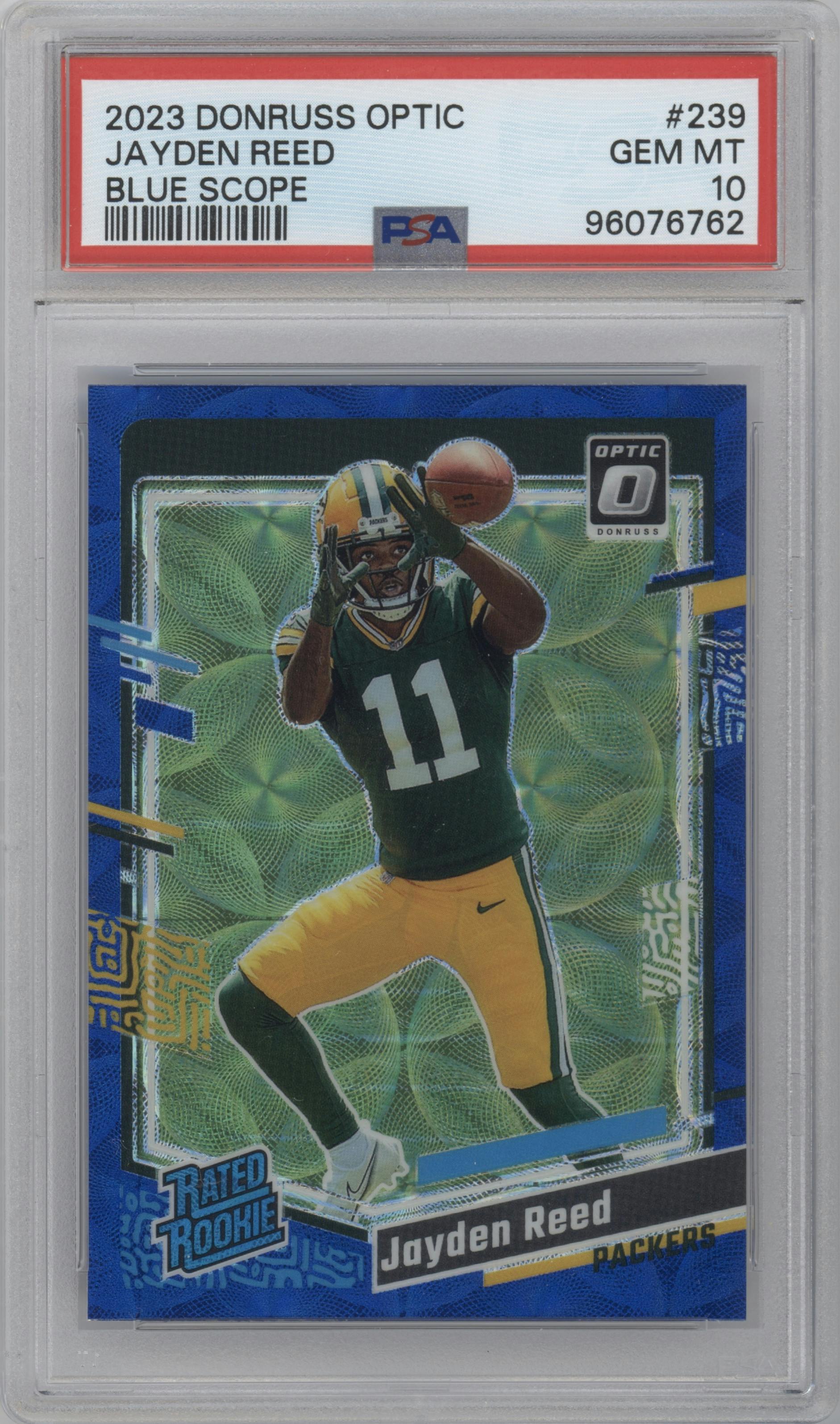 Jayden Reed from the 2023 Donruss Optic set featuring a Blue Scope parallel graded by PSA and given an overall grade of 10.