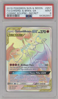 Charizard/Braixen GX from the 2019 Pokemon S&M  set graded by PSA and given an overall grade of 9.