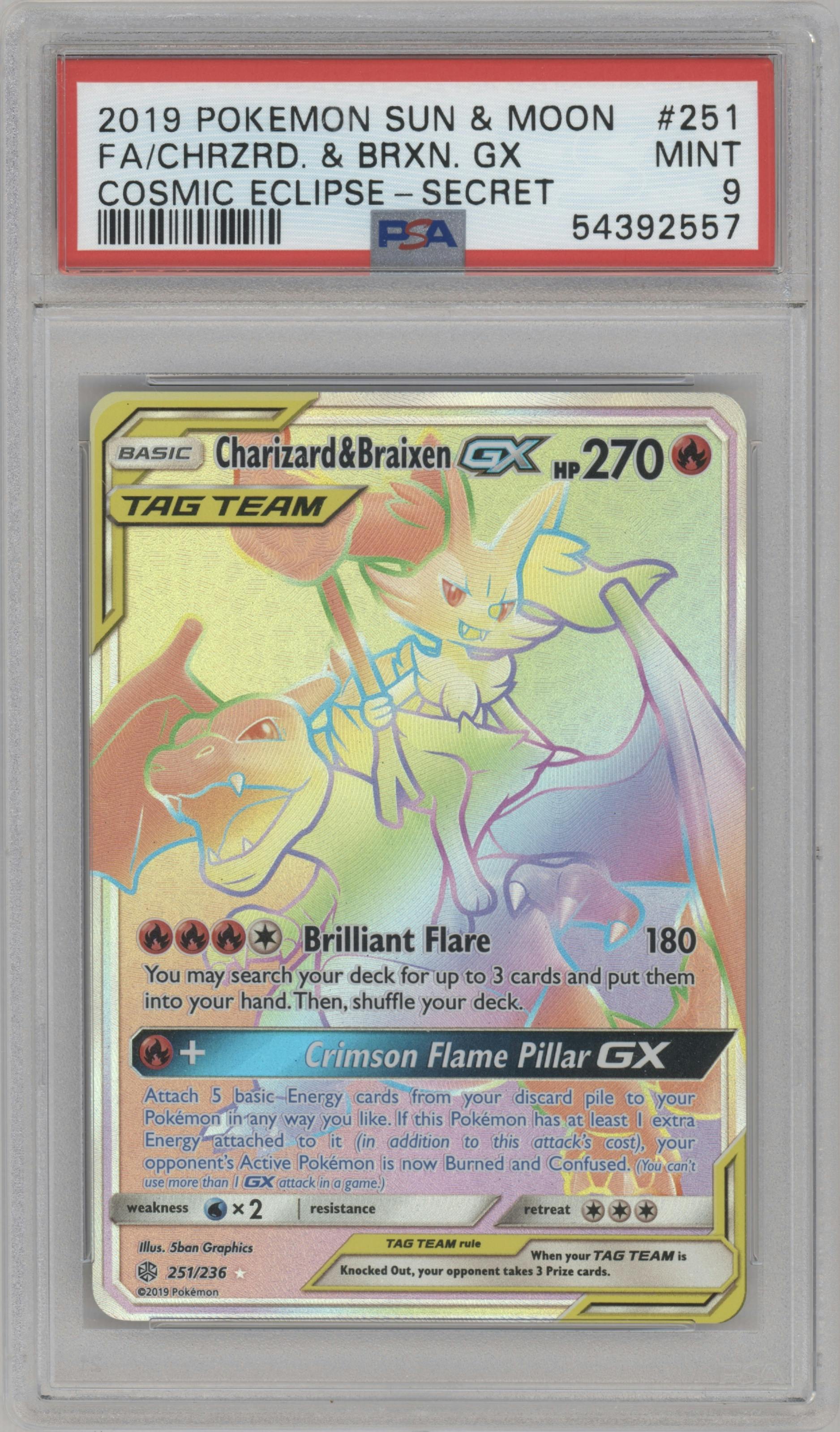 Charizard/Braixen GX from the 2019 Pokemon S&M  set graded by PSA and given an overall grade of 9.