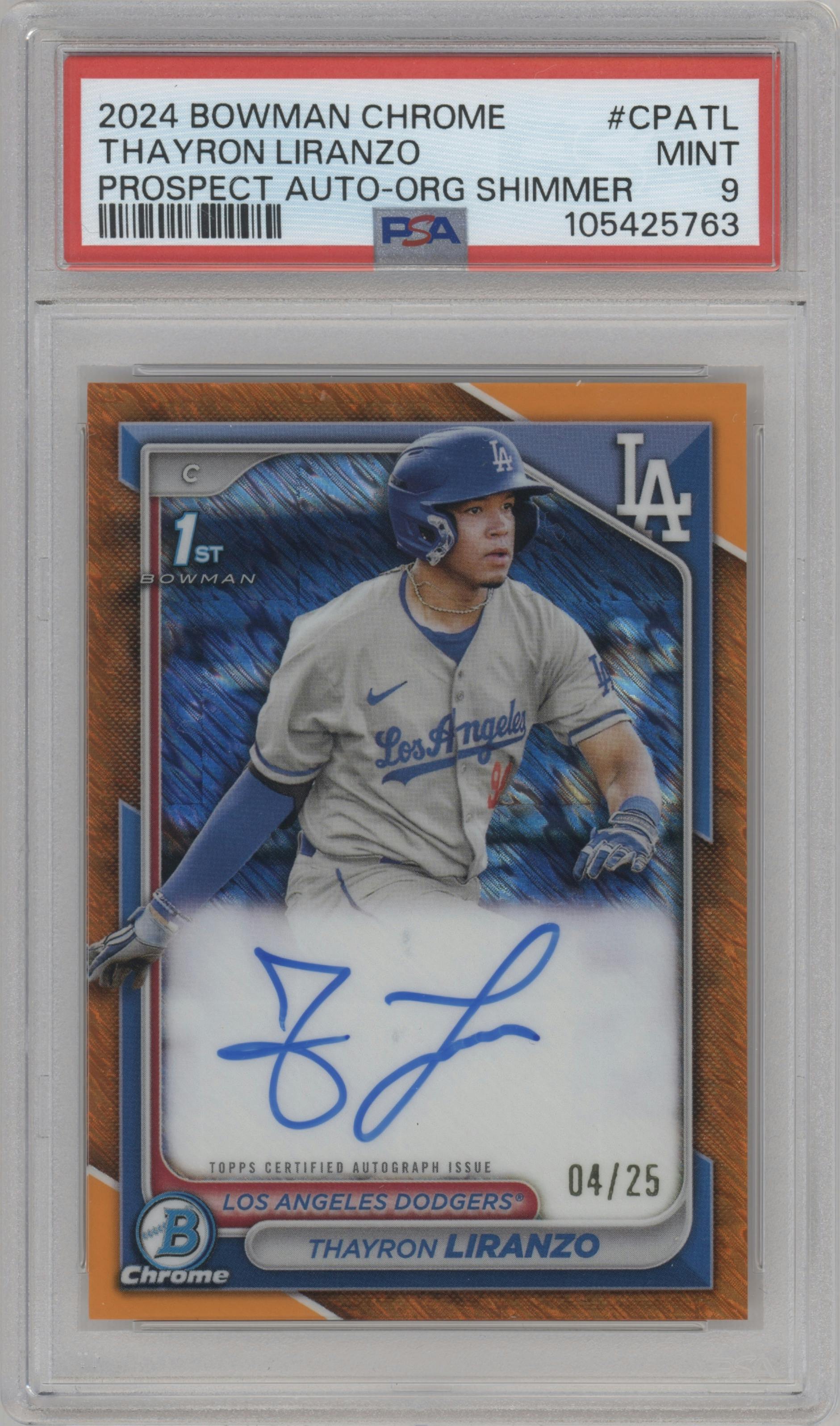 Thayron Liranzo from the 2024 Bowman Chrome set featuring a Orange Shimmer Refractor parallel graded by PSA and given an overall grade of 9.