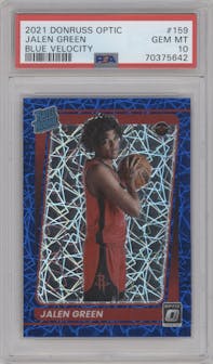 Jalen Green from the 2021-22 Panini Donruss Optic set featuring a Blue Velocity parallel graded by PSA and given an overall grade of 10.