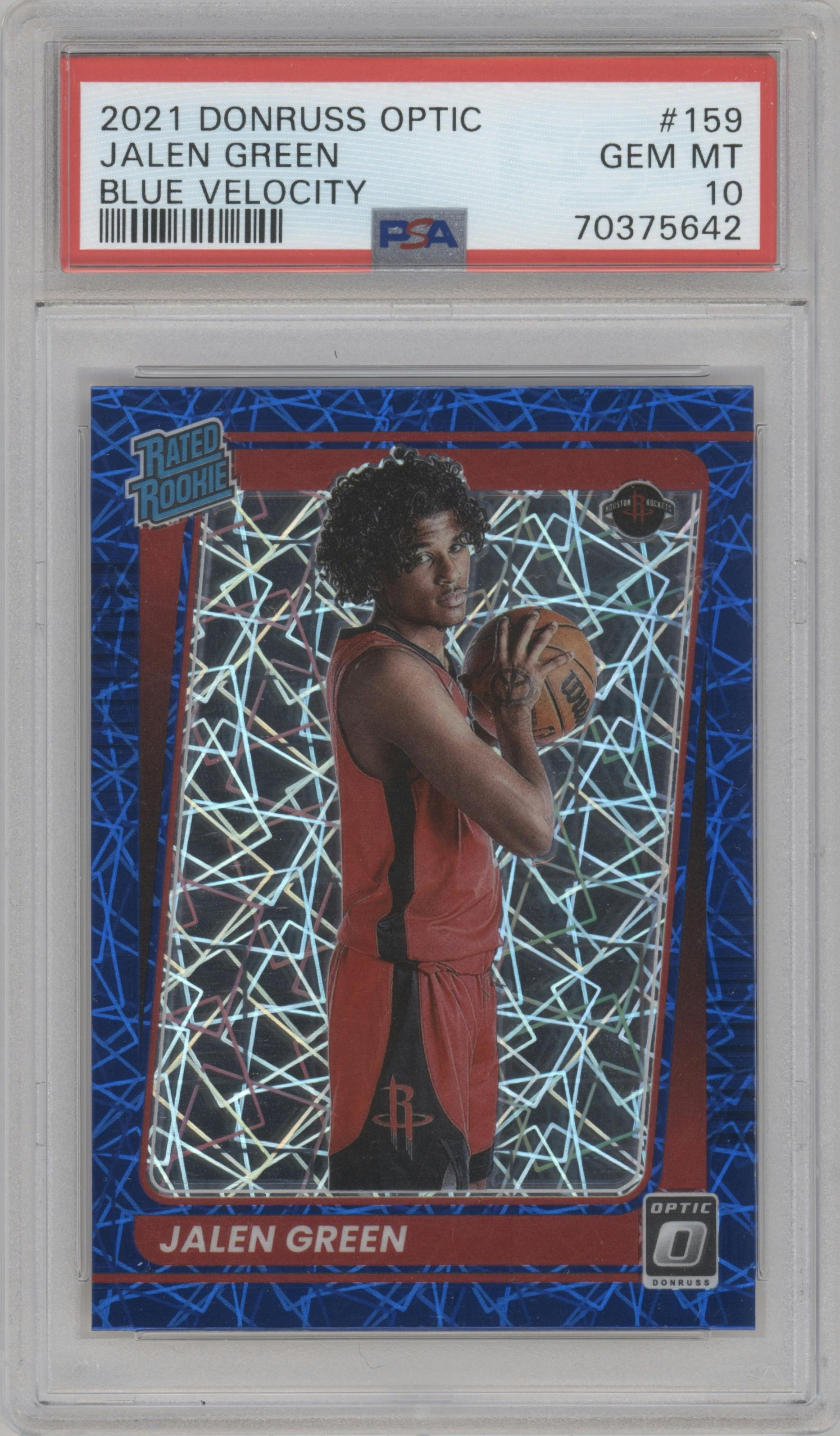Jalen Green from the 2021-22 Panini Donruss Optic set featuring a Blue Velocity parallel graded by PSA and given an overall grade of 10.