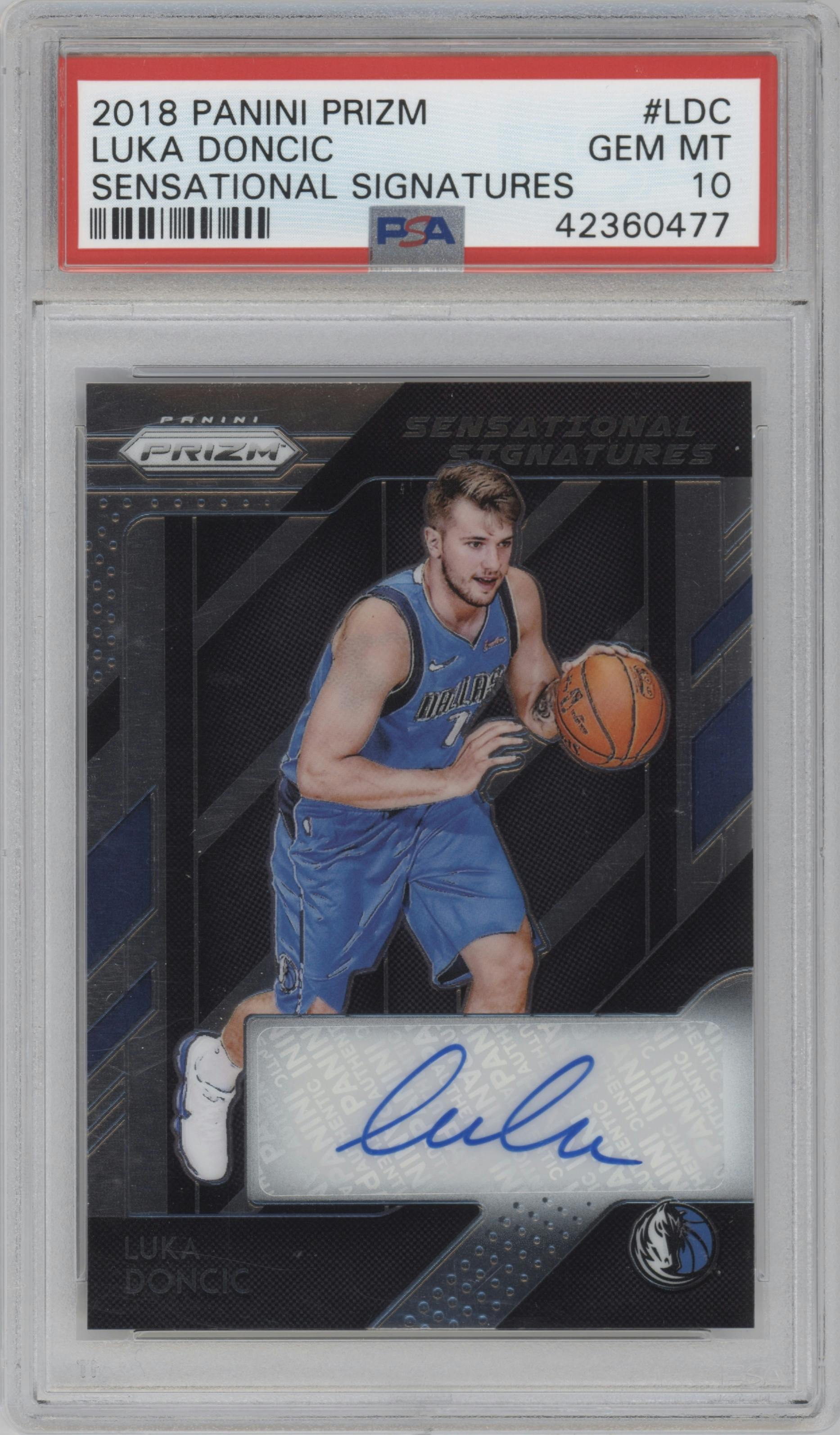 Luka Doncic from the 2018-19 Panini Prizm set graded by PSA and given an overall grade of 10.