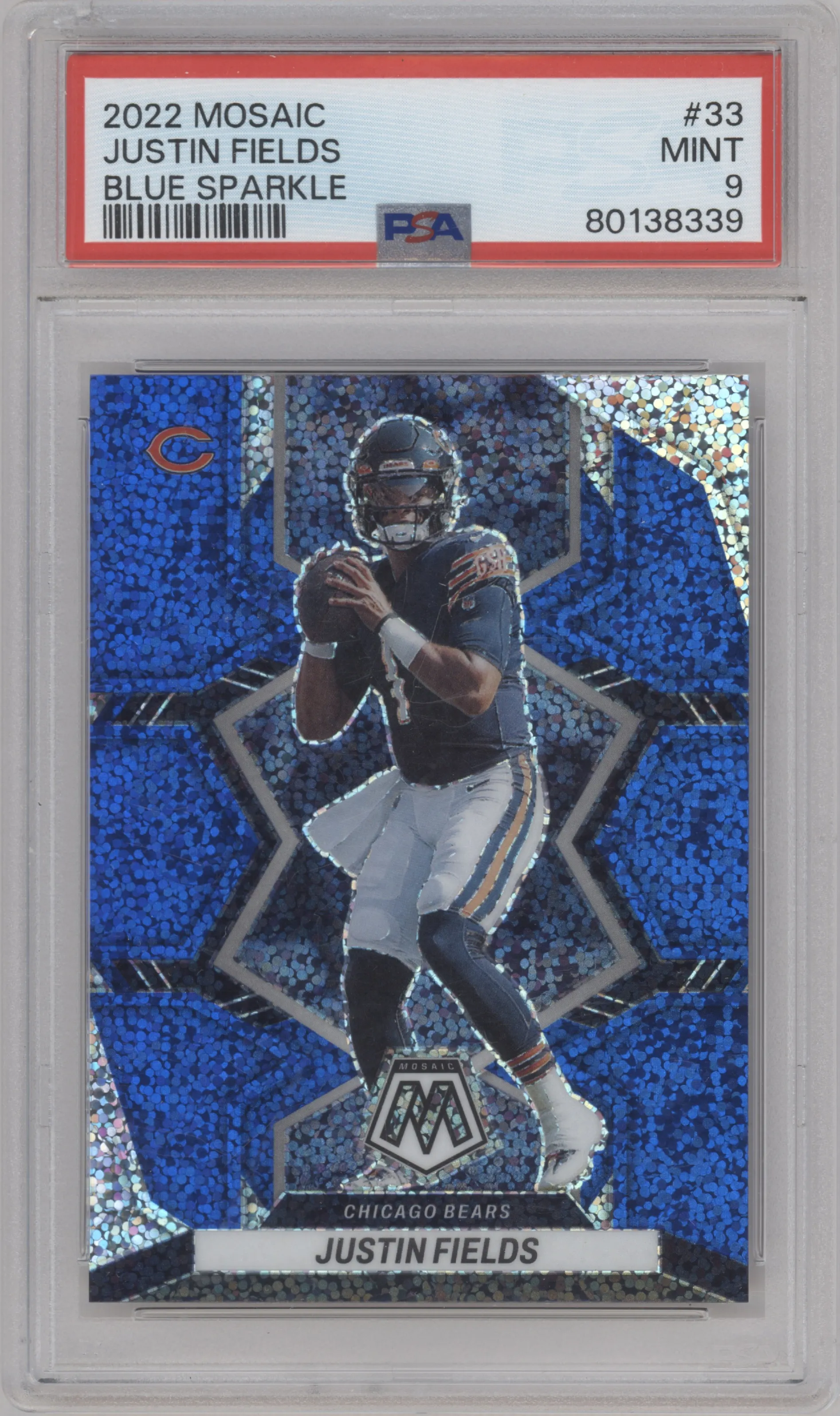 2022 Panini Mosaic Justin Fields Blue Sparkle PSA 9