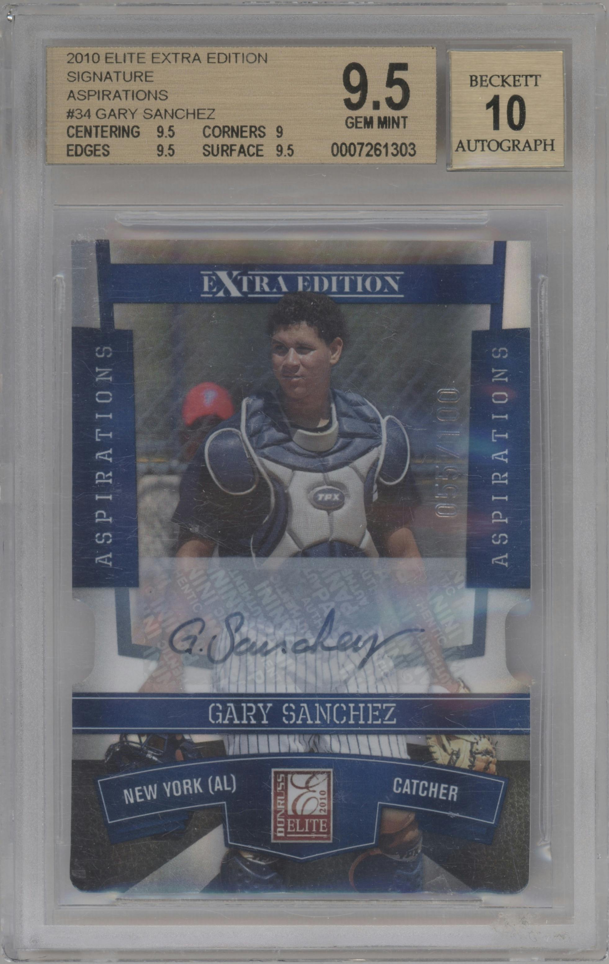 Gary Sanchez  from the 2010 Donruss Elite Extra Edition set featuring a Aspirations parallel graded by Beckett and given an overall grade of 9.5.