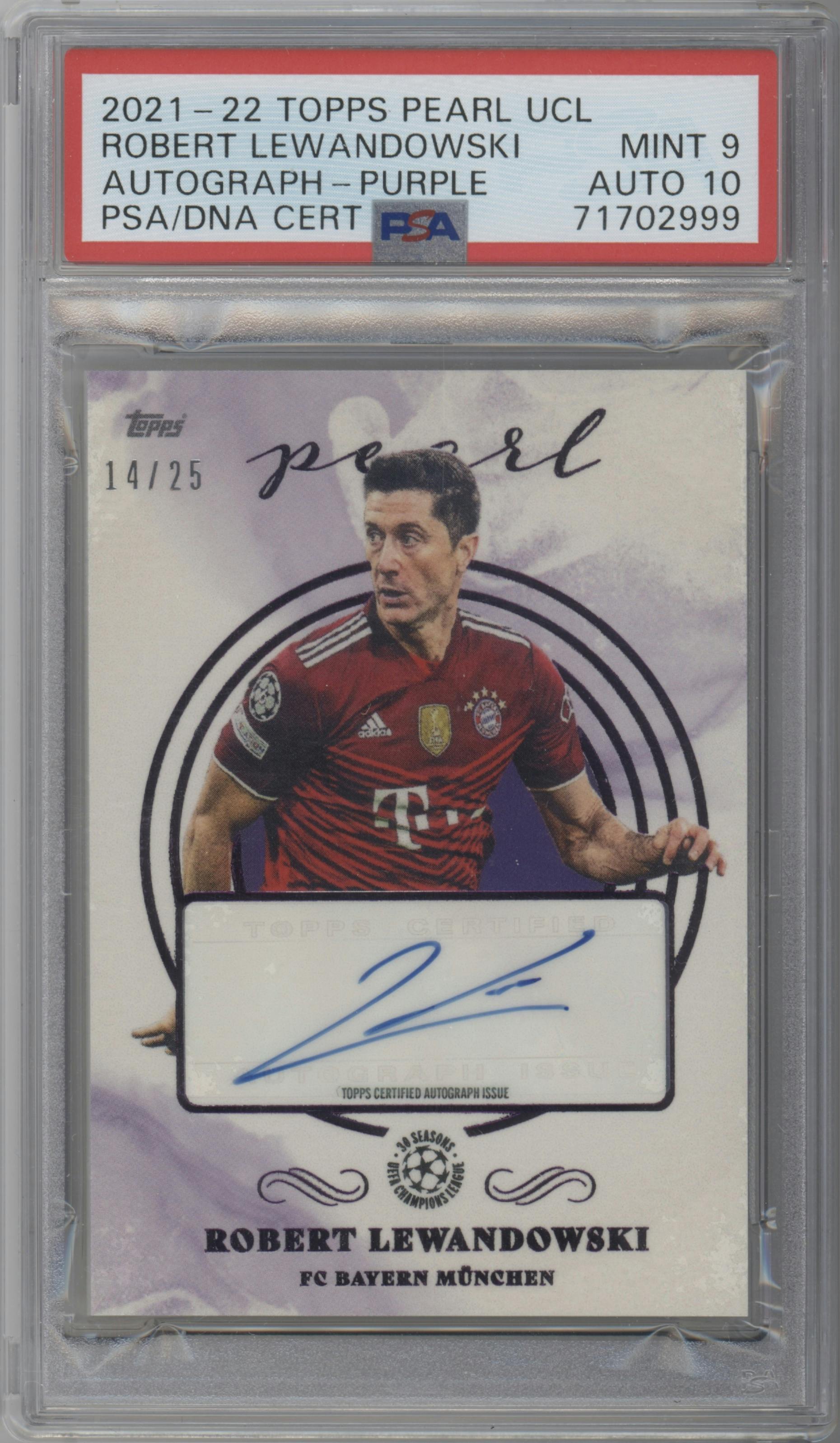 Robert Lewandowski from the 2021-22 Topps Pearl UEFA Champions League set featuring a Purple parallel graded by PSA and given an overall grade of 9.