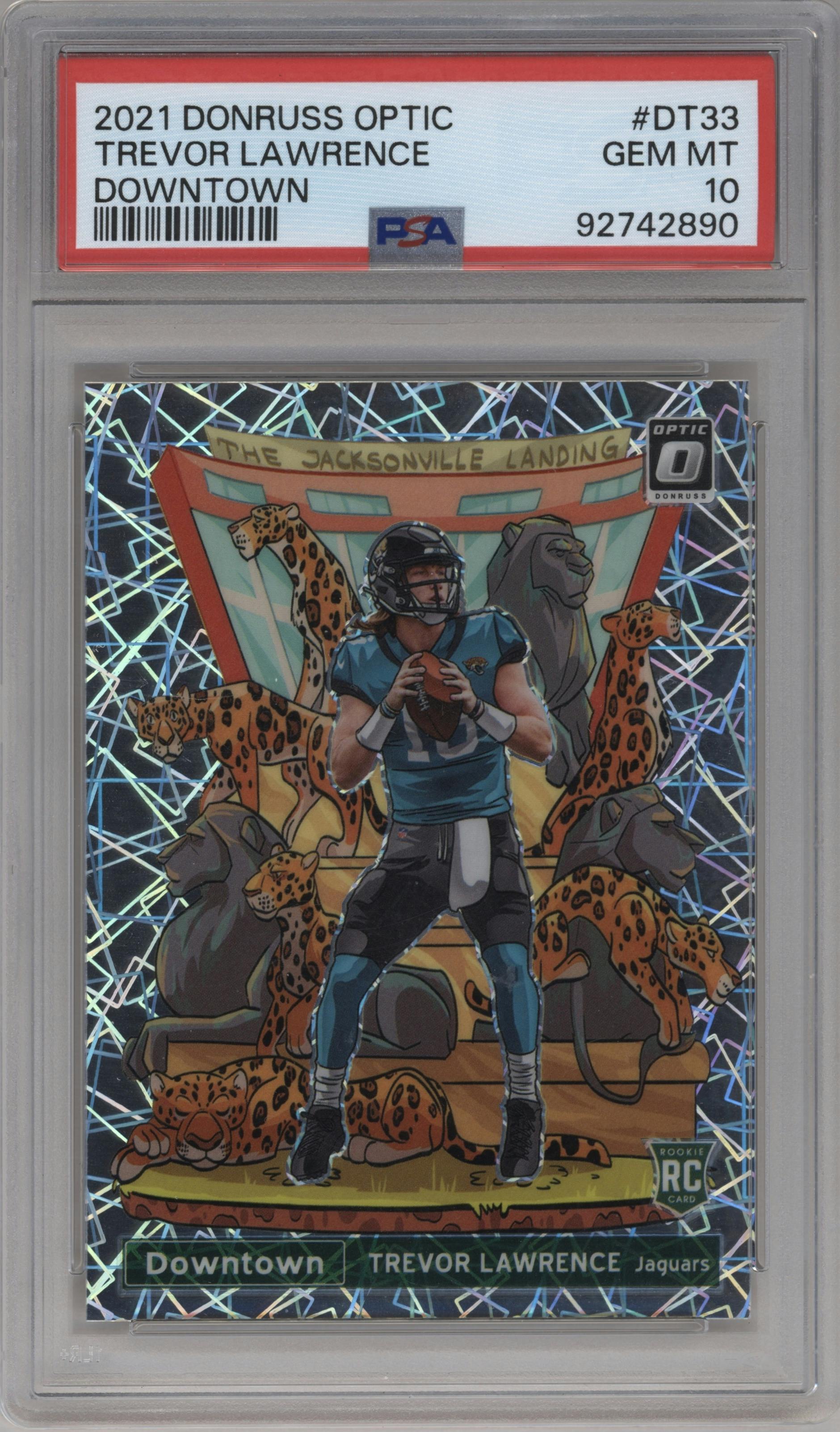 Trevor Lawrence from the 2021 Panini Donruss Optic set graded by PSA and given an overall grade of 10.