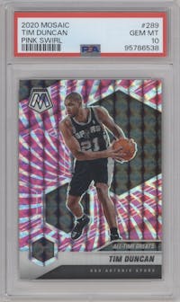 Tim Duncan from the 2020-21 Panini Mosaic set featuring a Pink Swirl parallel graded by PSA and given an overall grade of 10.