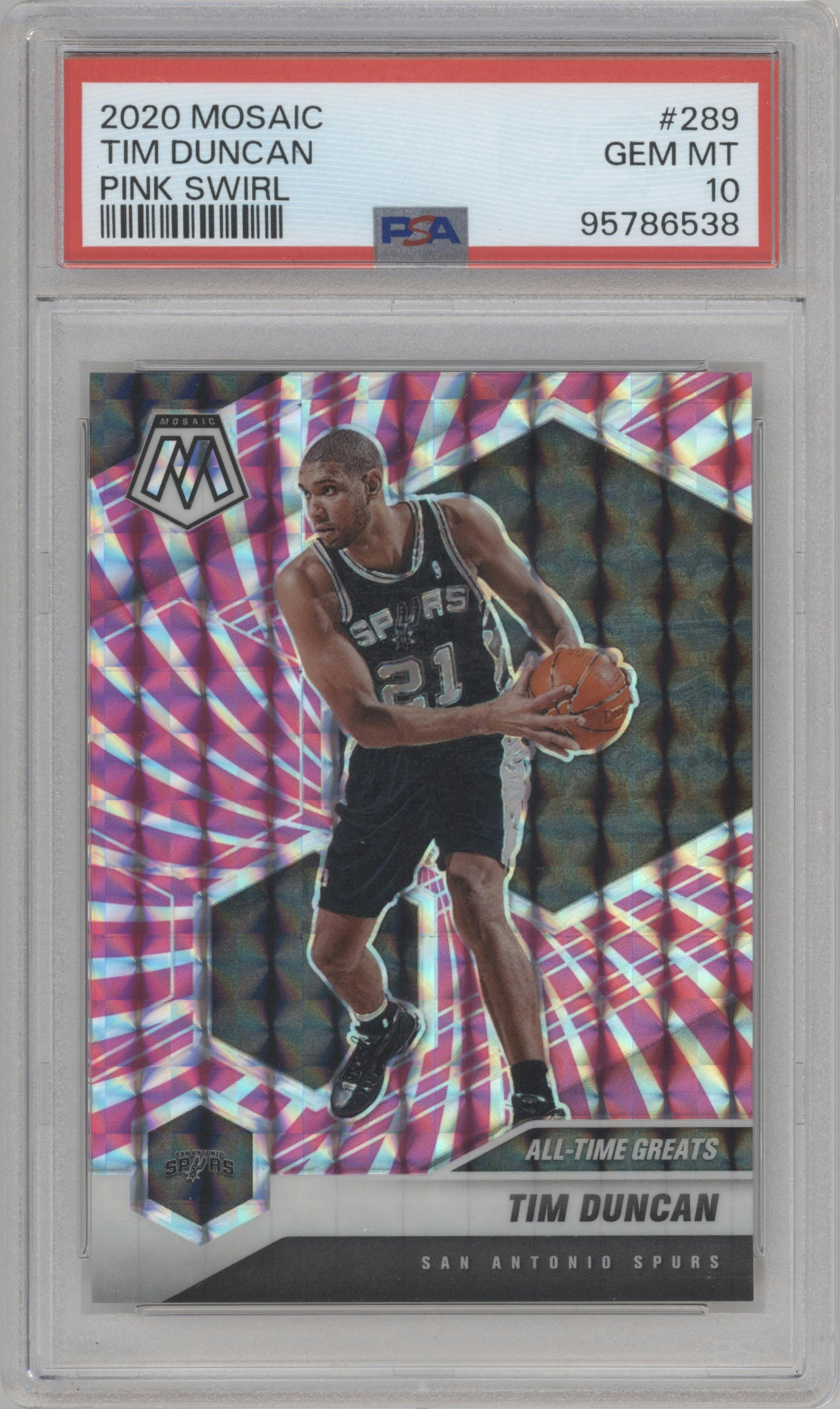 Tim Duncan from the 2020-21 Panini Mosaic set featuring a Pink Swirl parallel graded by PSA and given an overall grade of 10.